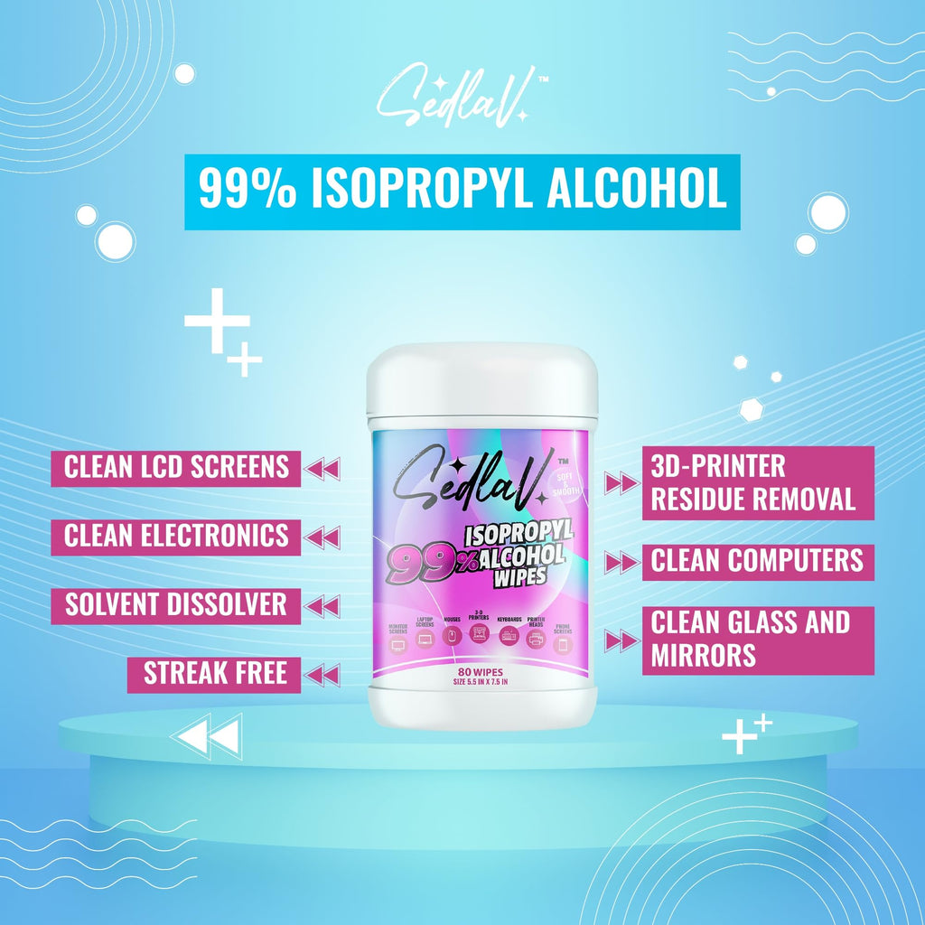 SEDLAV 99% Isopropyl Alcohol Wipes - 99% Rubbing Alcohol Wipes for Tech Use (80 Count Pack)