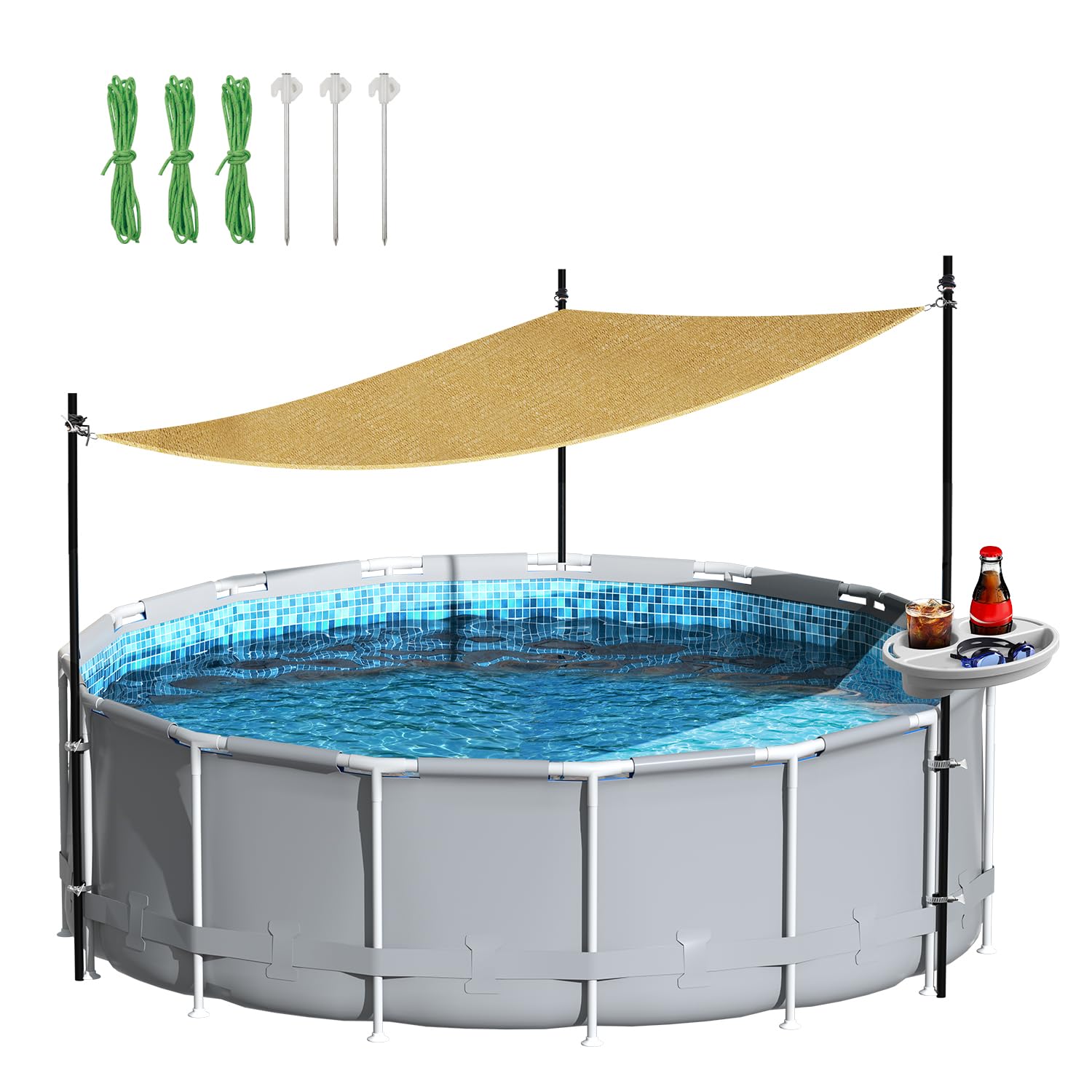 Vidoya Pool Shade Set for 11-16 Ft Above Ground Pools - UV-Resistant Shade Sail Triangular 10'x10'x10' with Storage Tray, Outdoor Sun Shade Canopy with Poles for Deck, Patio, Garden, Pool Accessories