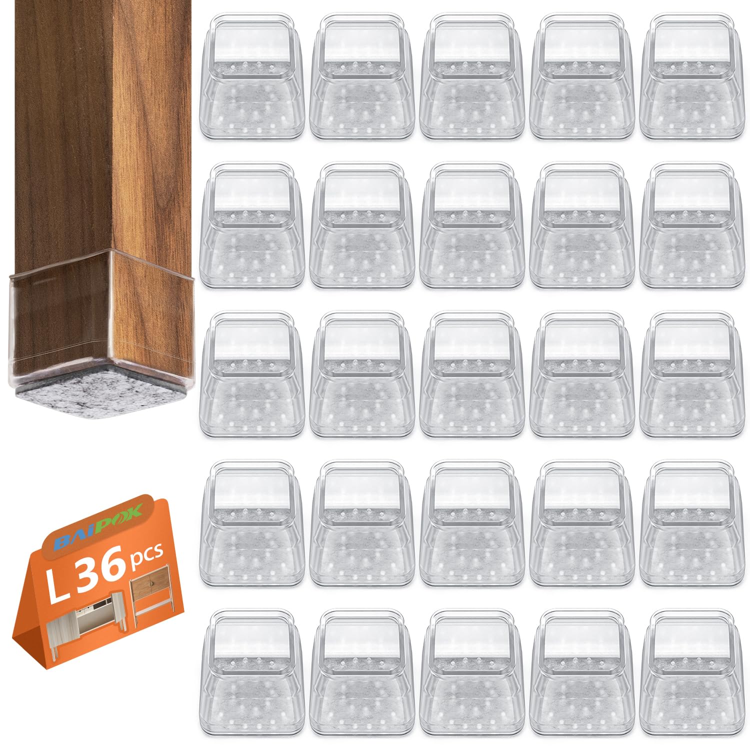 BAIPOK 36pcs Square Chair Leg Floor Protectors, Furniture Felt Pads for Hardwood Floors, Furniture Sliders for Chair Legs, Floor Protectors for Chairs, Silicone Chair Leg Caps Cover, Large, Clear