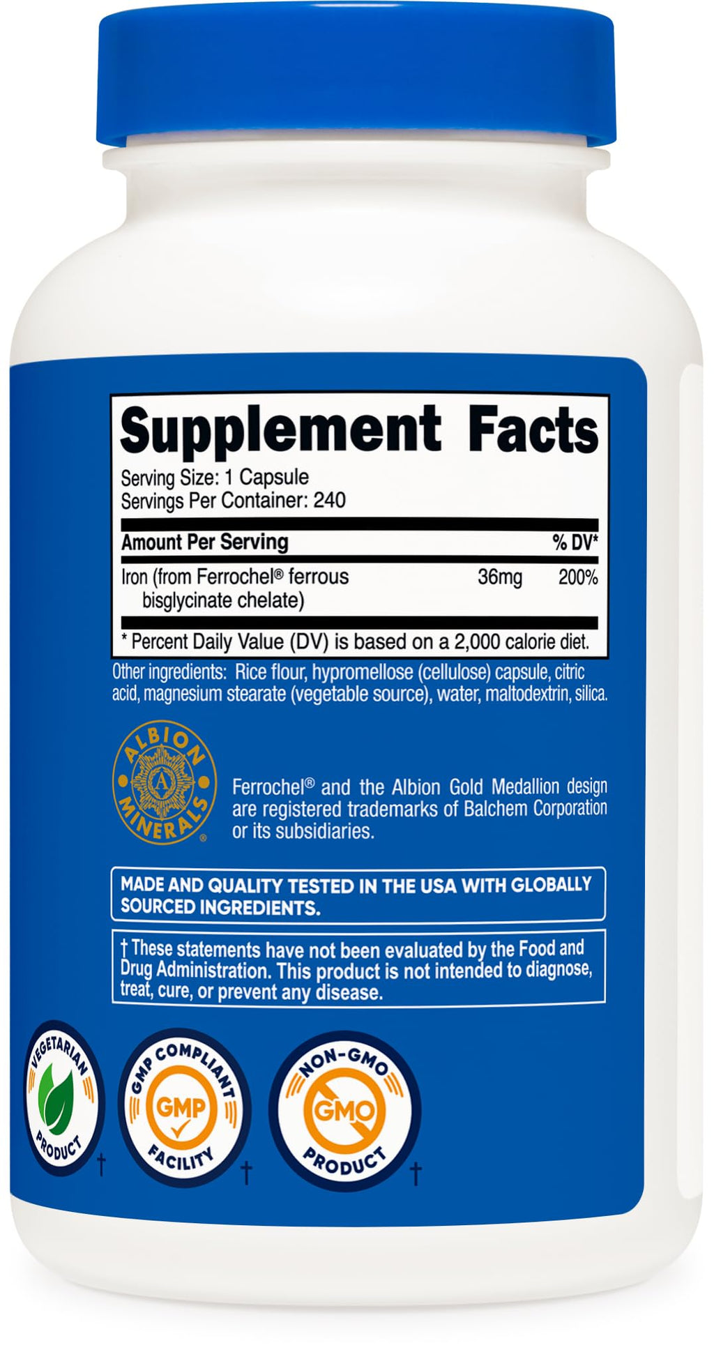 Nutricost Chelated Iron, As Ferrochel, 36mg, 240 Capsules (2 Bottles)