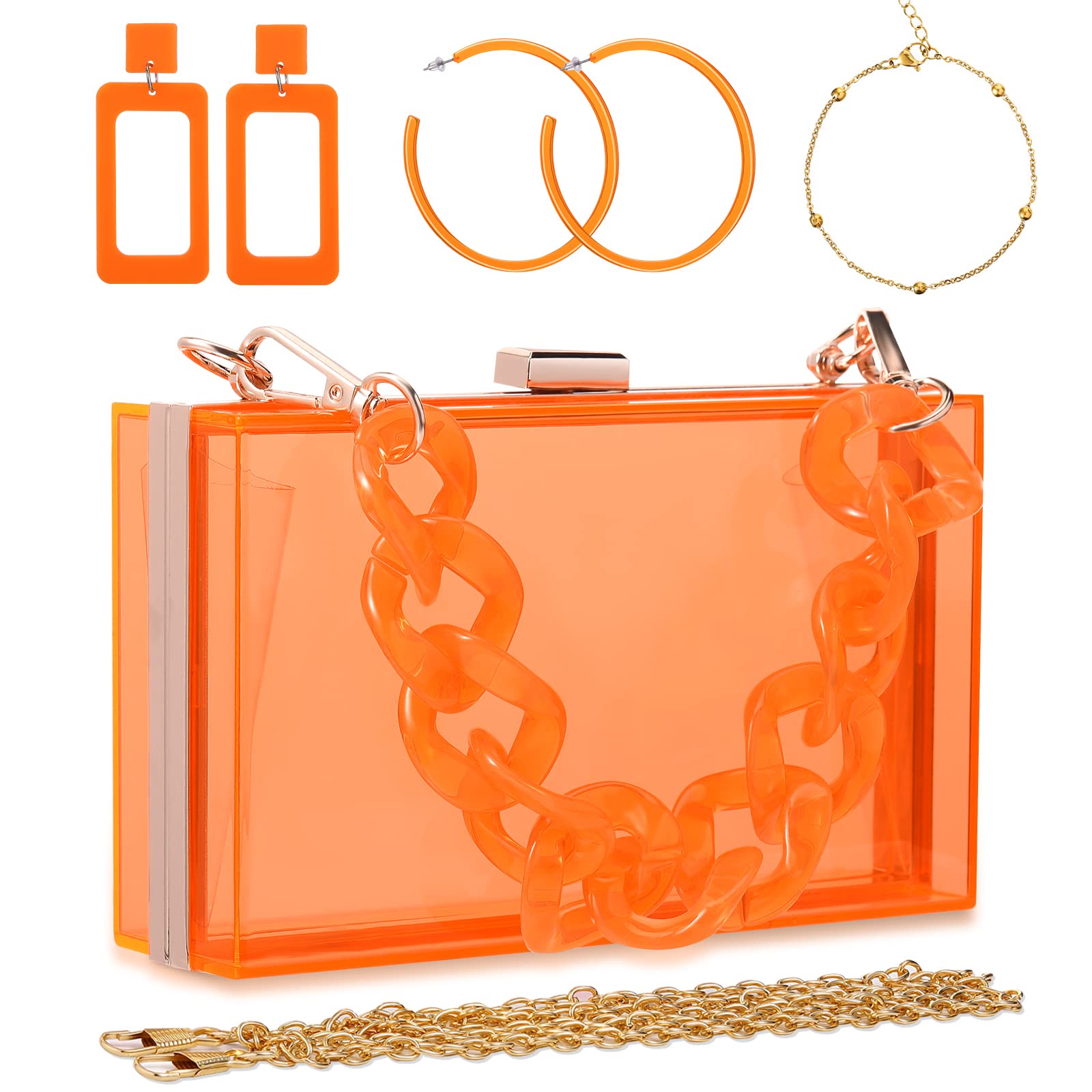 Jadive Orange 4 Pcs Purse Clear Women Acrylic Clutch Hand Bag Evening Retro Earring Bracelet Jewelry Set Neon Vintage Wedding Gift