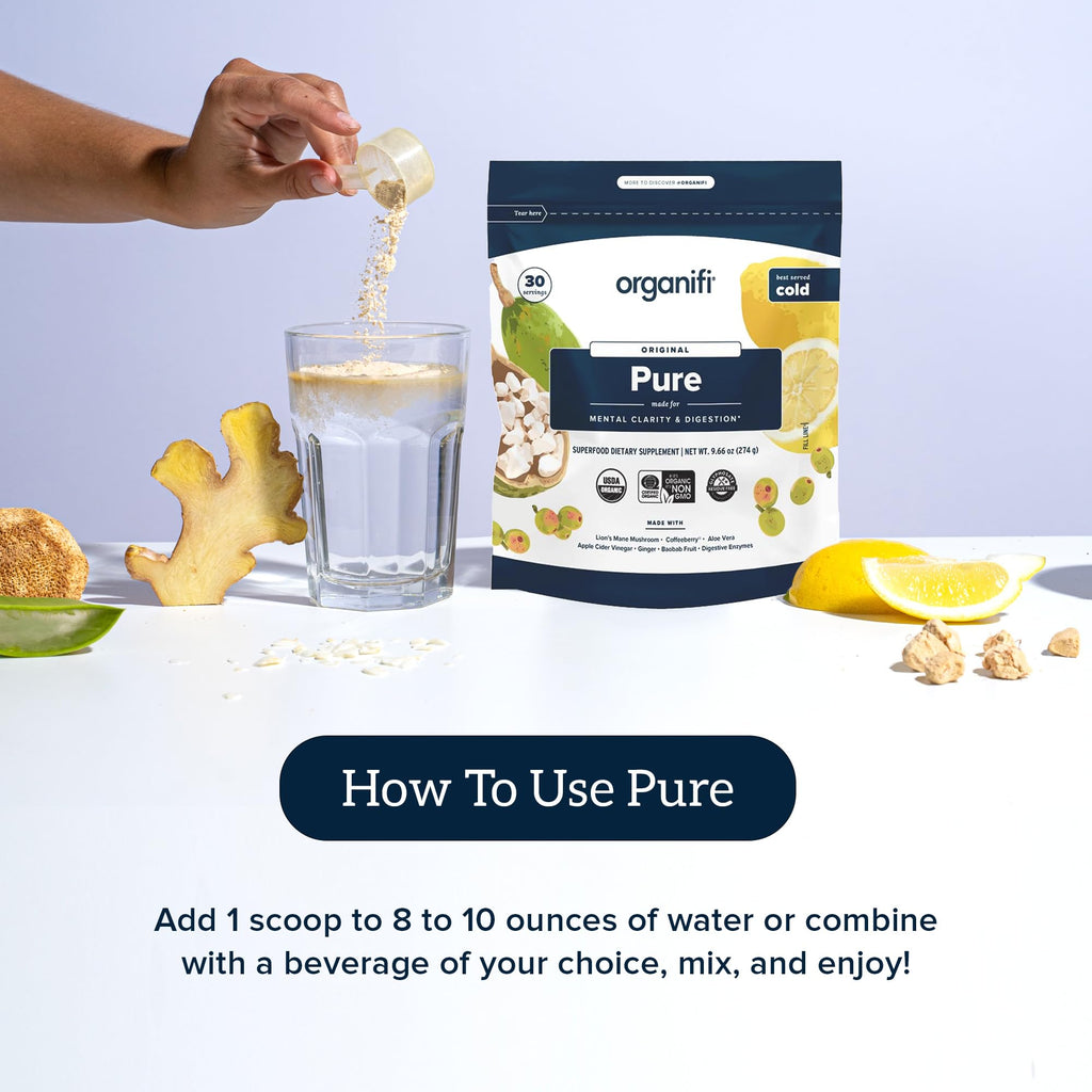 Organifi Pure - Promotes Stimulation in Learning, Memory, Focus, and Clarity - Brain Support with Superfoods - Gluten-Free and Non GMO - Best Served Cold, 30 Servings