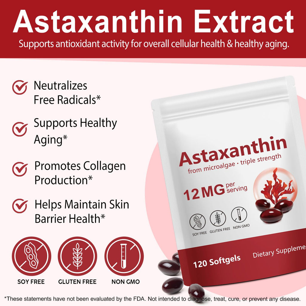 Tiuedu Astaxanthin 12mg, 120 Softgels, 4 Month Supply, Astaxanthin Antioxidant Supplements, Supports Eye, Joint, Internal Circulation, Skin Health