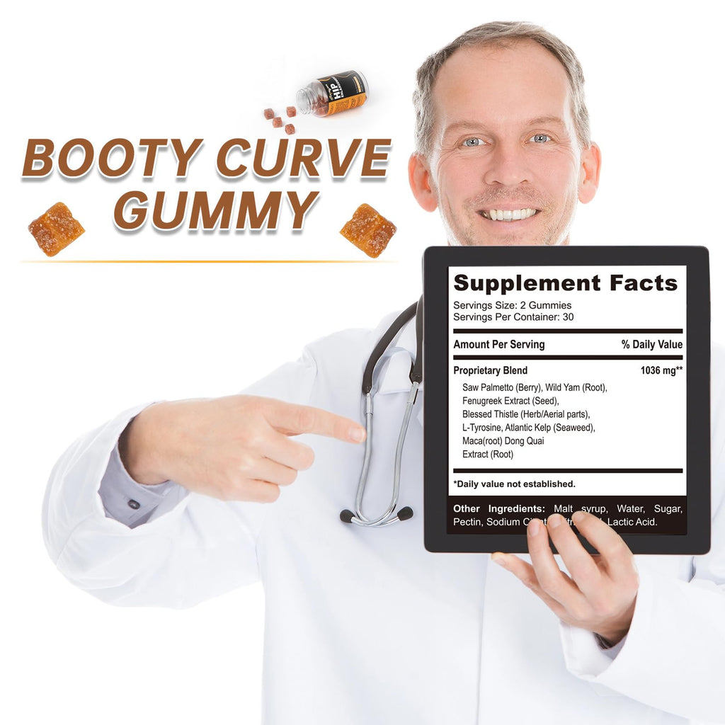 Booty Gummies for Big Butt and Hips, Bigger Butt Gummies for Natural Curves, 2 PCS Bum Support Gummy Booty Curvy Body, Berry Flavored Women Support Supplement, Boost Glute Growth, Fenugreek, 60 Count.