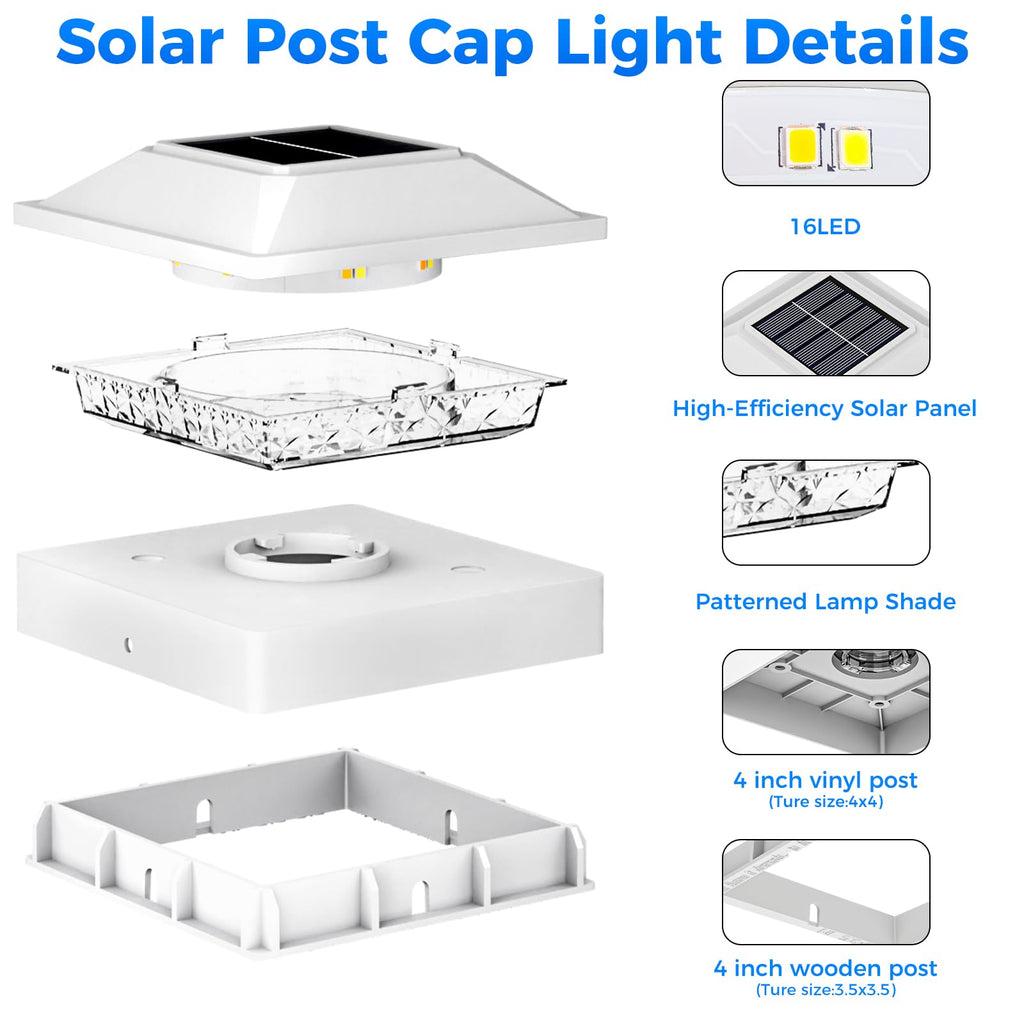 Peasur 4x4 Post Solar Lights 16 Pack, 2 Modes 16 LED Solar Post Cap Light Waterproof, Black Deck Fence Post Solar Lights Powered Outdoor, Fit 4x4 Wood/Vinyl Posts for Porch Patio