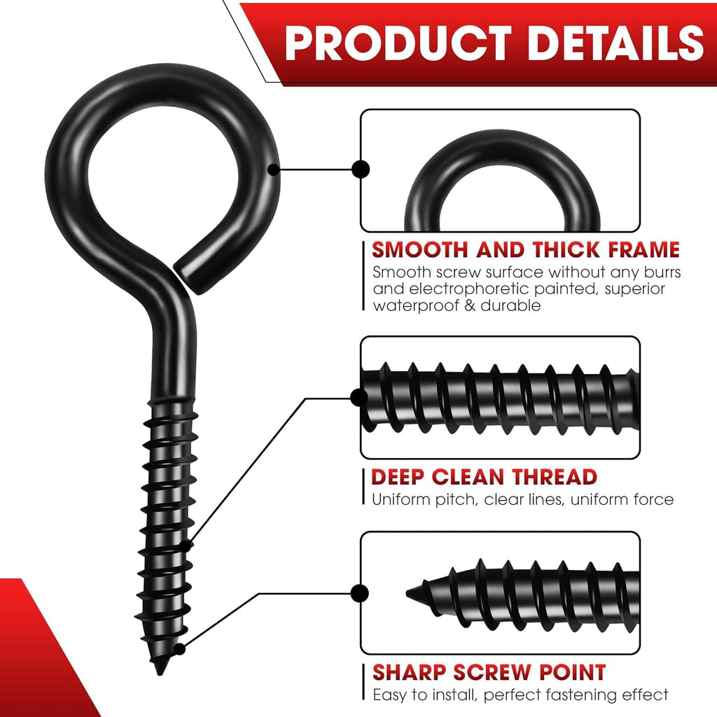 14PCS Black Screw Eyes - 3.2 Inch Heavy Duty Eye Bolts, Cable & Wire Securer - Hammock Stand, Indoor & Outdoor Use