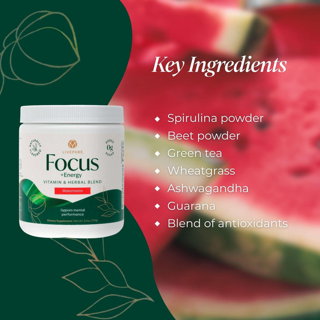 PURE Focus + Energy Tub Drink Mix | Natural Caffeine & Antioxidants from Botanicals | Supports Alertness, Clarity & Energy | Zero Sugar, No Artificial Sweeteners | 9.5 oz | Watermelon Flavor