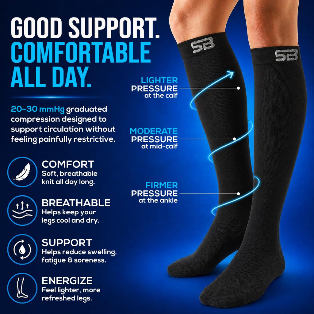 SB SOX Compression Socks for Men & Women (20-30mmHg) – Best Compression Socks for Flying, Medical, Sports, Wide Calf Fit, and Daily Wear (Solid Black, Large)