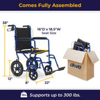 Drive Medical Lightweight Expedition Folding Transport Wheelchair with Hand Brakes - Portable Support - Large Rear Wheels - Compact Folding - Comfortable Design - Blue