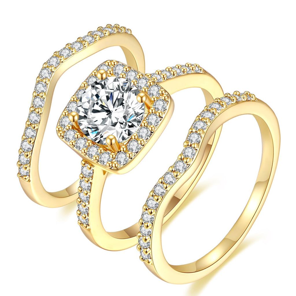 18K Gold Plated Cubic Zirconia Halo 3-in-1 Wedding Ring Set for Women