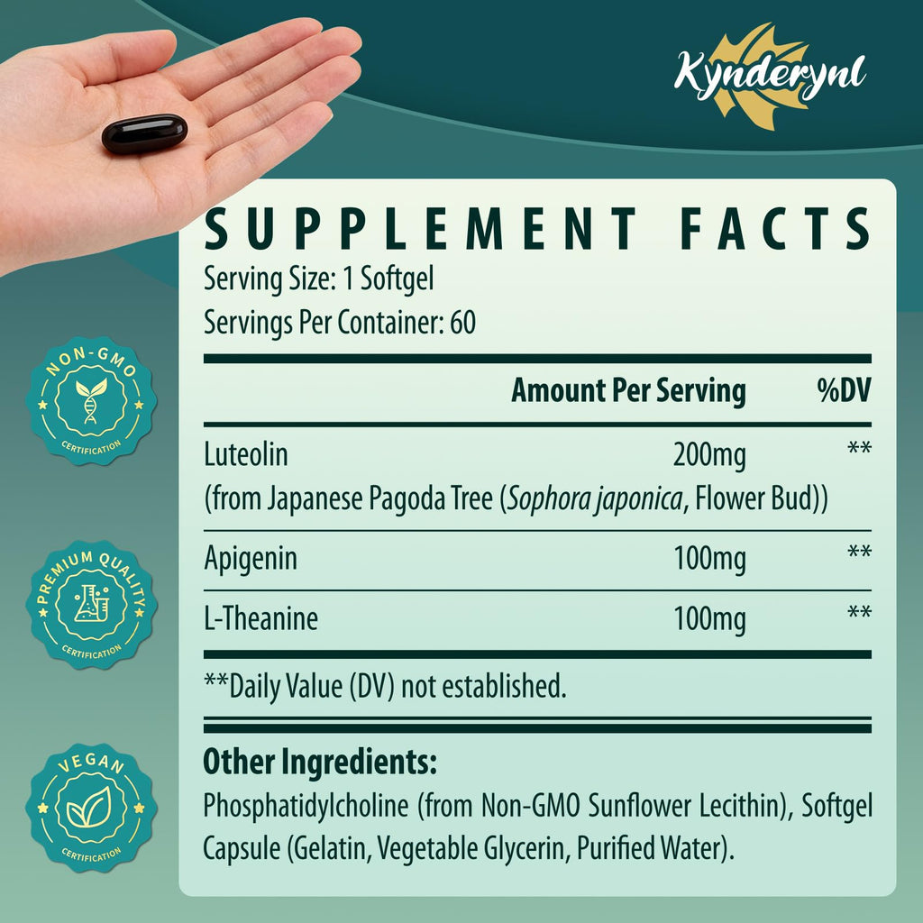 Kynderynl Liposomal Luteolin 200mg – Luteolin Supplement & Brain Supplement for Memory and Focus with Apigenin & L-Theanine – Non-GMO, Gluten-Free, 60 Softgels