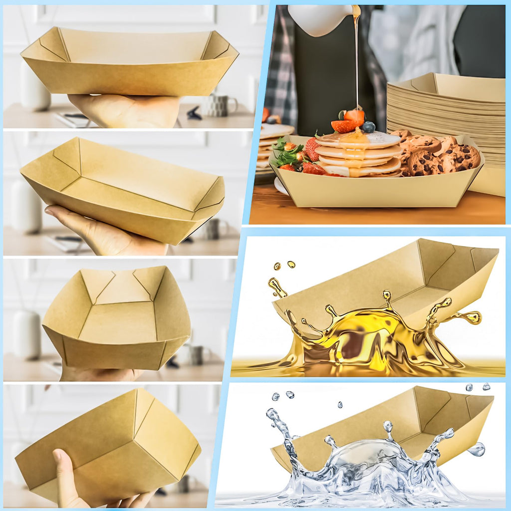 MotBach 100 Pack 5LB Extra Large Paper Food Boats Trays Disposable Paper Boat, Heavy Duty Kraft Food Serving Tray Boat Basket for Snack Popcorn Sandwich Burger Taco BBQ Dessert Fries Nacho
