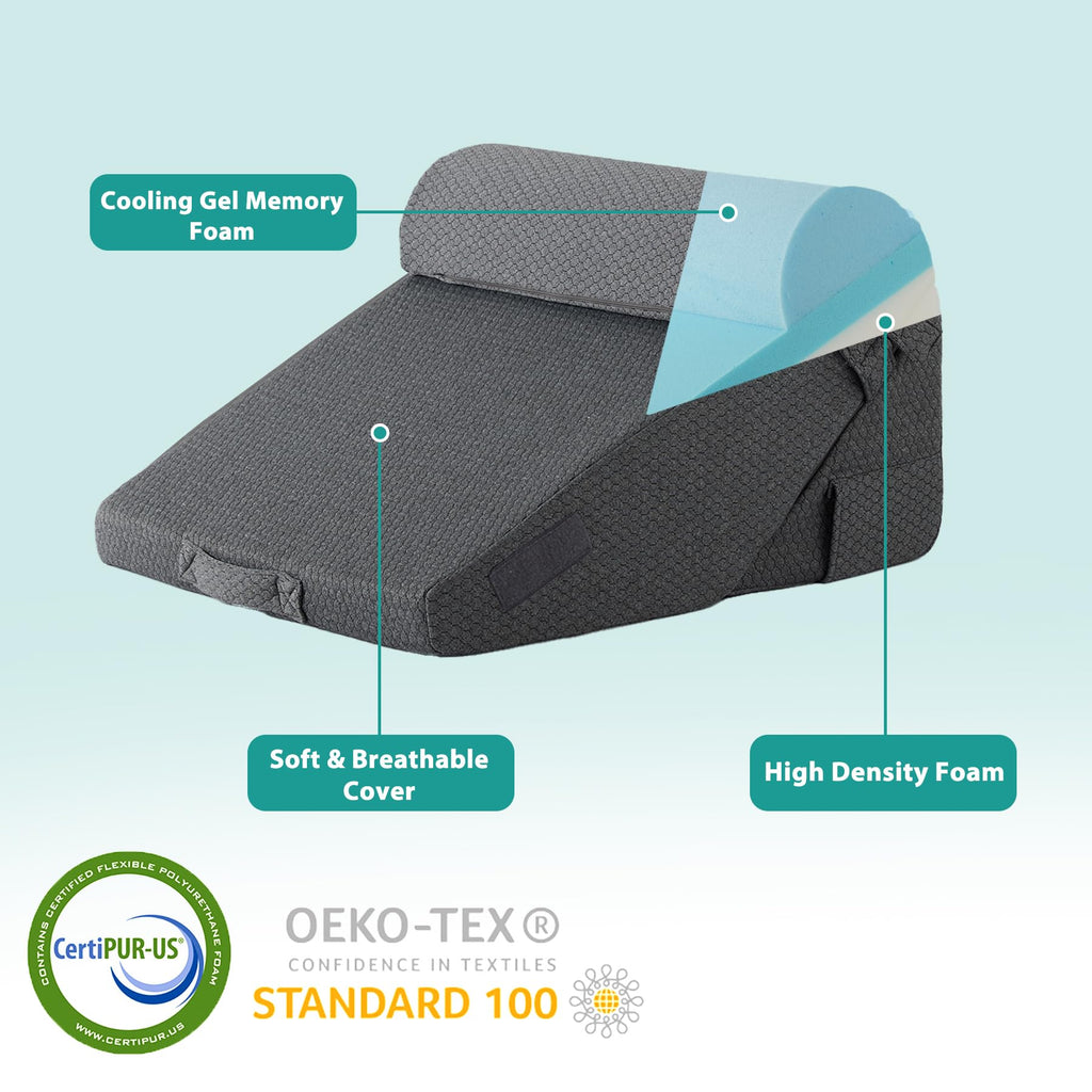 Bedluxe 3Pcs Orthopedic Bed Wedge Pillow Set, Foam Wedge Pillow Post Surgery for Back, Leg and Knee Support, Adjustable 9&12 Inch Folding Triangle Pillow for Sleeping, Acid Reflux, Snoring, Dark Grey