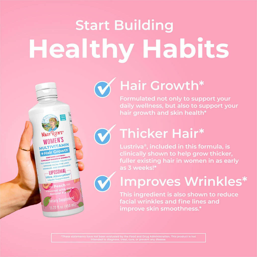 MaryRuth Organics Women's Multivitamin + Lustriva Hair Growth Liposomal | Biotin 10000mcg | Clinically Tested for Thicker, Fuller Hair, Improved Facial Fine Lines & Wrinkles | Ages 18+ | 15.22 Fl Oz