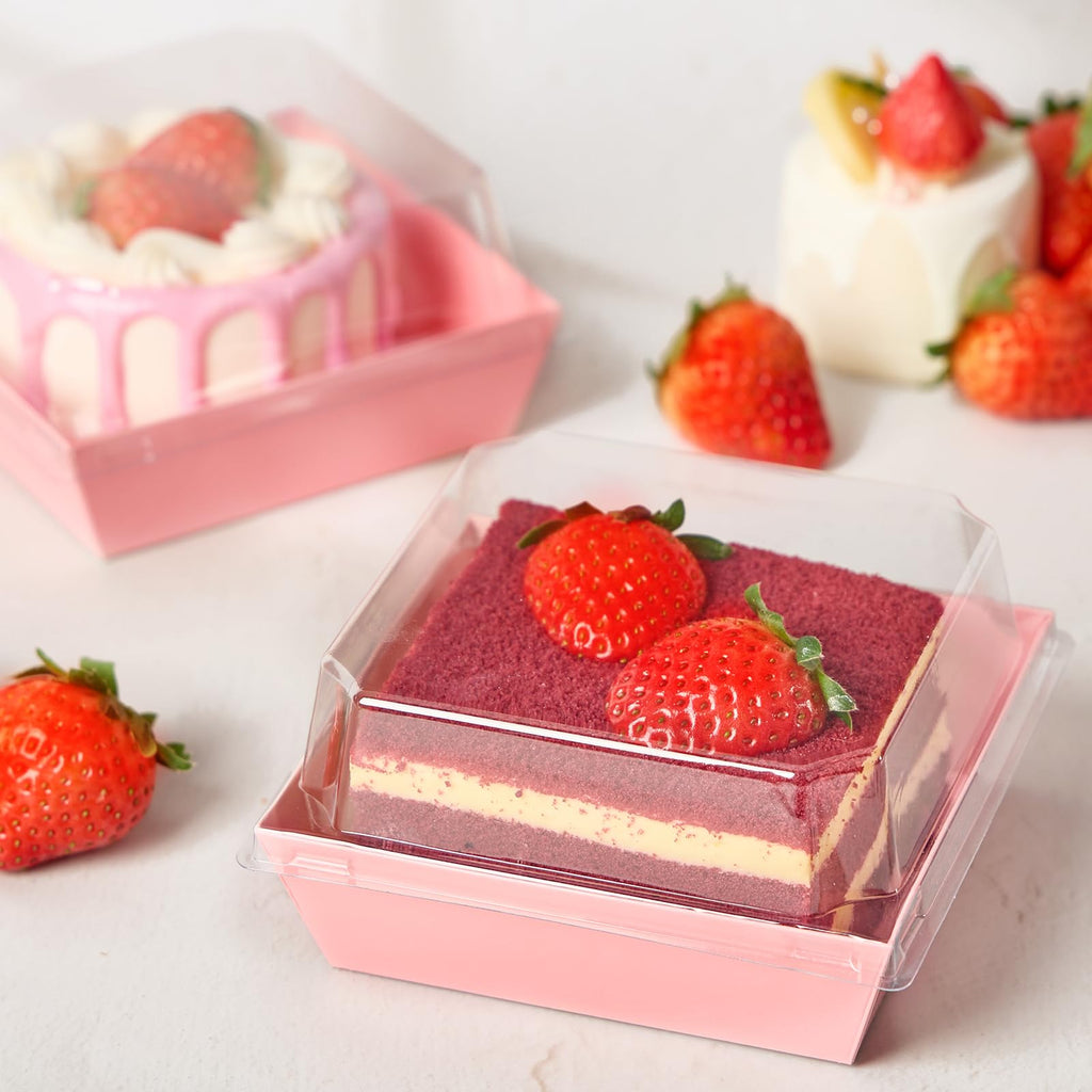 ZORRITA 50 Pack Small Pink Paper Charcuterie Boxes with Clear Lids, 4 Inches Disposable Sandwich Boxes Square To Go Food Containers for Desserts, Strawberries, Cake Slice and Cookies