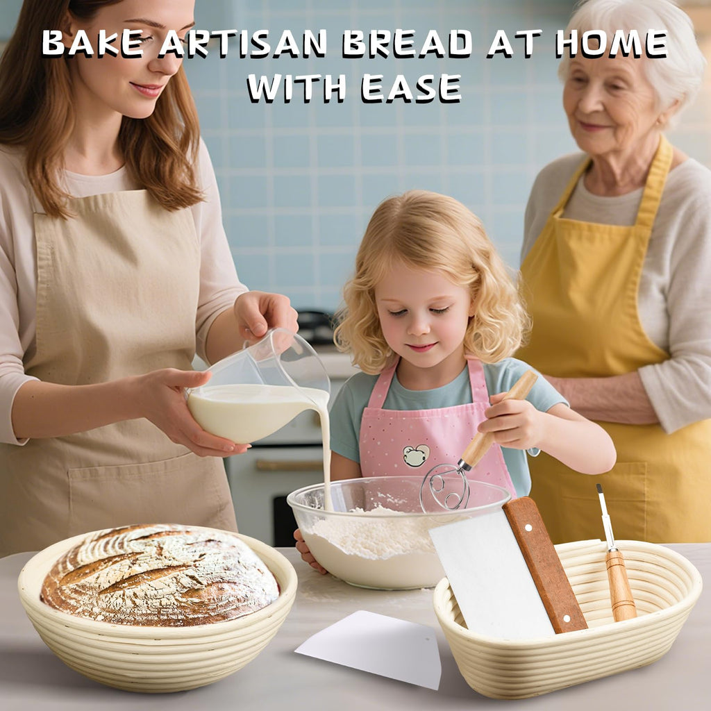 Dimpola Banneton Bread Proofing Basket - Banneton Basket Set Sourdough Proofing Basket Round Proofing Bowls Handmade Rattan Baskets and Liners (Oval & Round Gift Set)