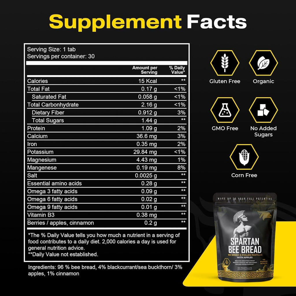 Spartan Bee Bread Chewables – Bee Bread Raw Organic Natural Multivitamin with Bee Pollen, Propolis & Royal Jelly | Fermented for Energy, Vitality, Recovery & Immunity | Non-GMO, Nothing Synthetic