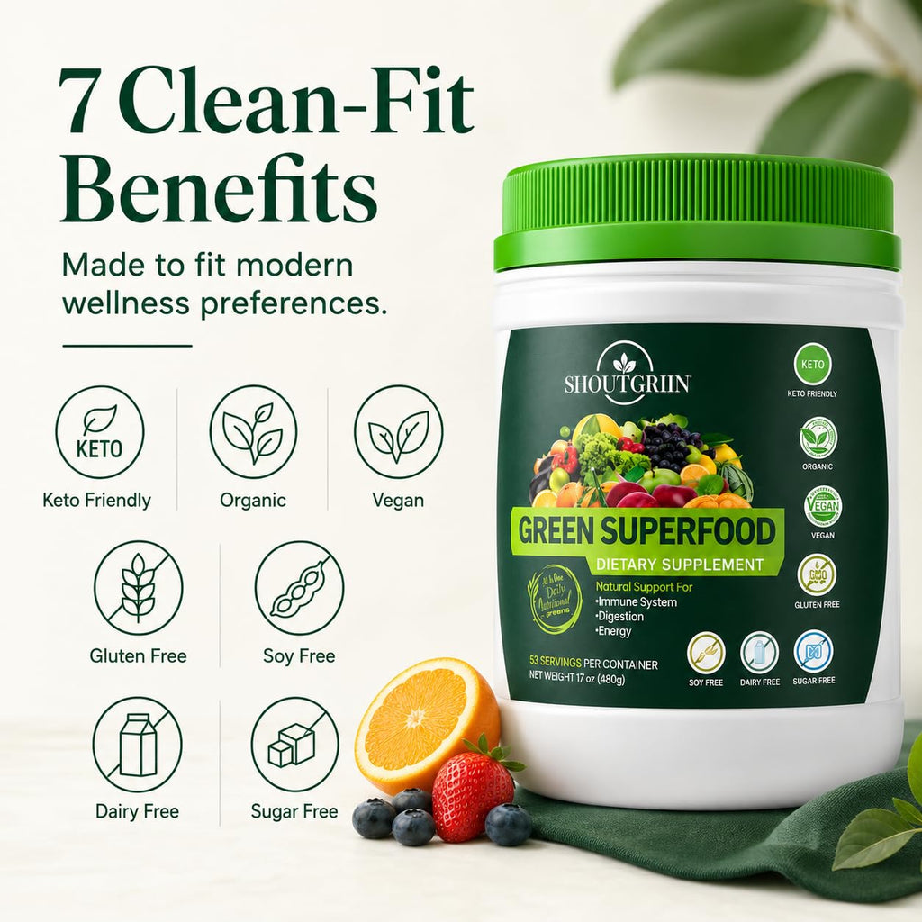 SHOUTGRIIN Green Superfood Powder — Organic Super Greens with 100 Billion CFU Probiotics & Digestive Enzymes — Vegan, Keto, Sugar-Free Daily Greens Supplement — Energy, Gut Health & Immunity