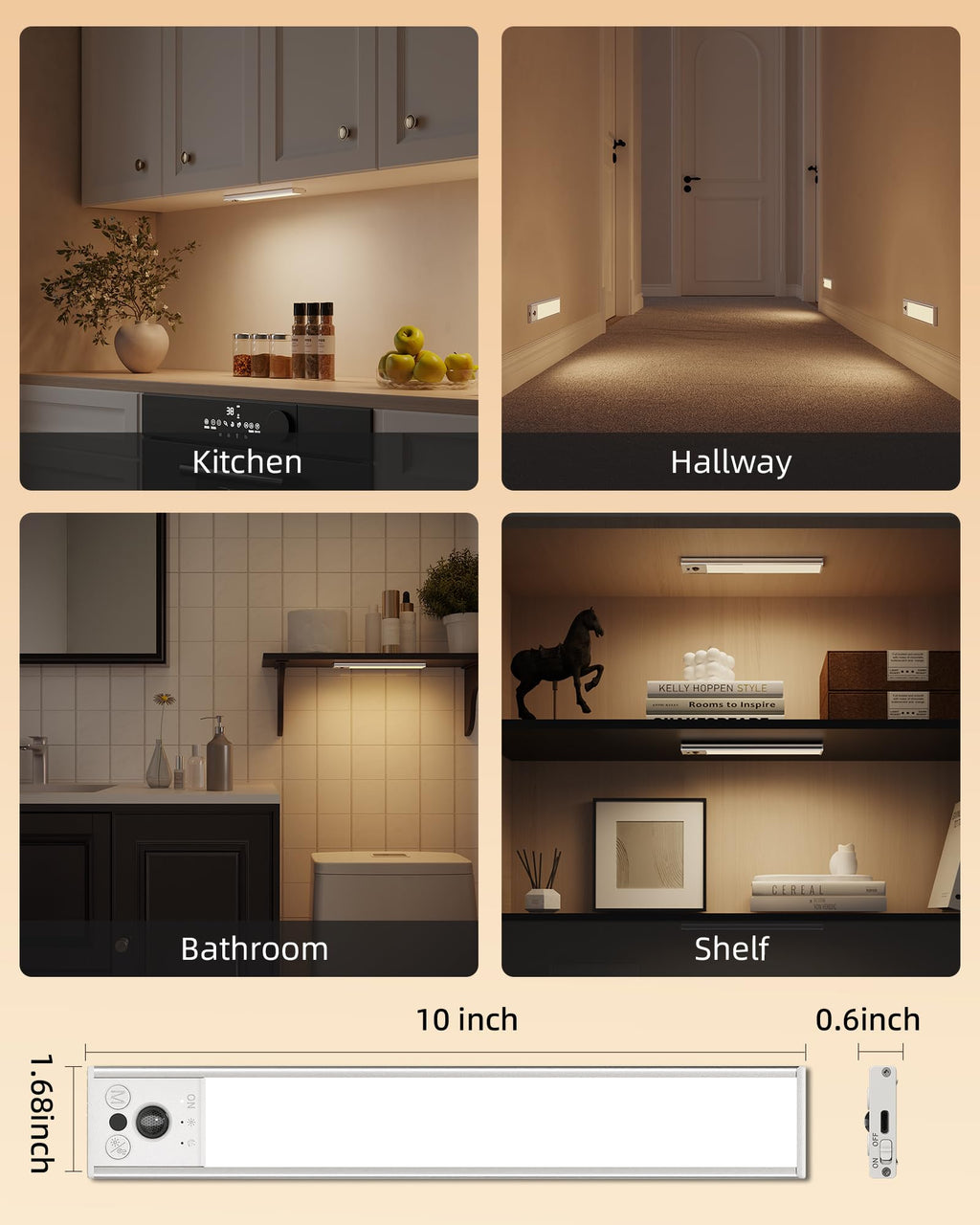 EZVALO 10inch Under Cabinet Lighting, 2 Pack 2400mAh Rechargeable Wireless Motion Sensor Lights Indoor, 3 Color Temps Dimmable Magnetic Closet Lights, Under Counter Lights for Kitchen, Pantry, Stairs