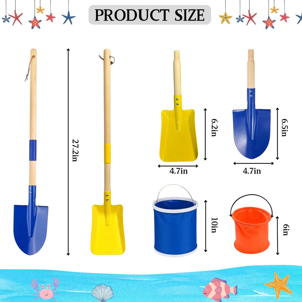 6 Pack Detachable Beach Shovel Set,28in Wood Handle Metal Spade Shovels with 2 Water Buckets & Storage Bags for Kids Digging Sand Snow,Gardening Tools (Blue&Yellow