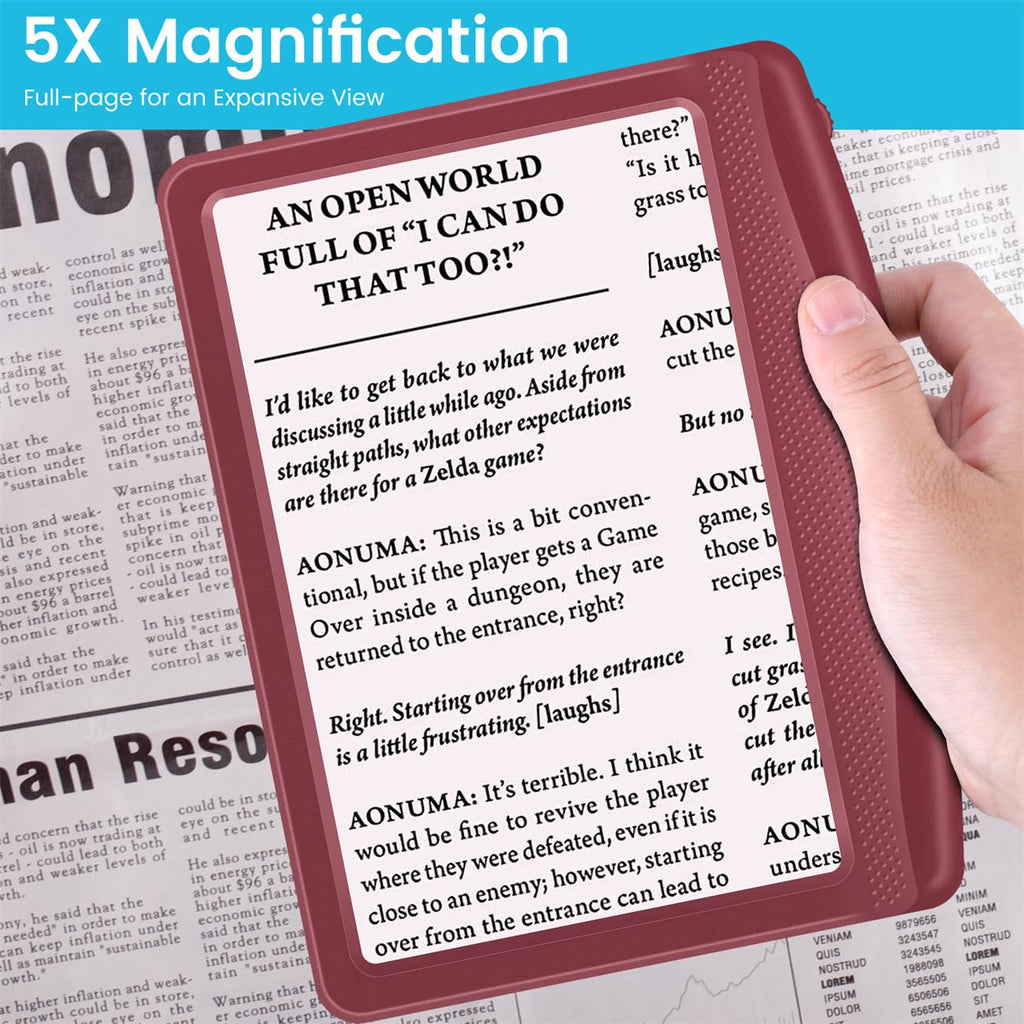 Shelepro Rechargeable 5X Magnifying Glass for Reading, Large Bright Full Page Magnifier with Light, Handheld LED Dimmable Lighted, Lightweight Book Magnifier for Reading Small Prints Seniors - Red