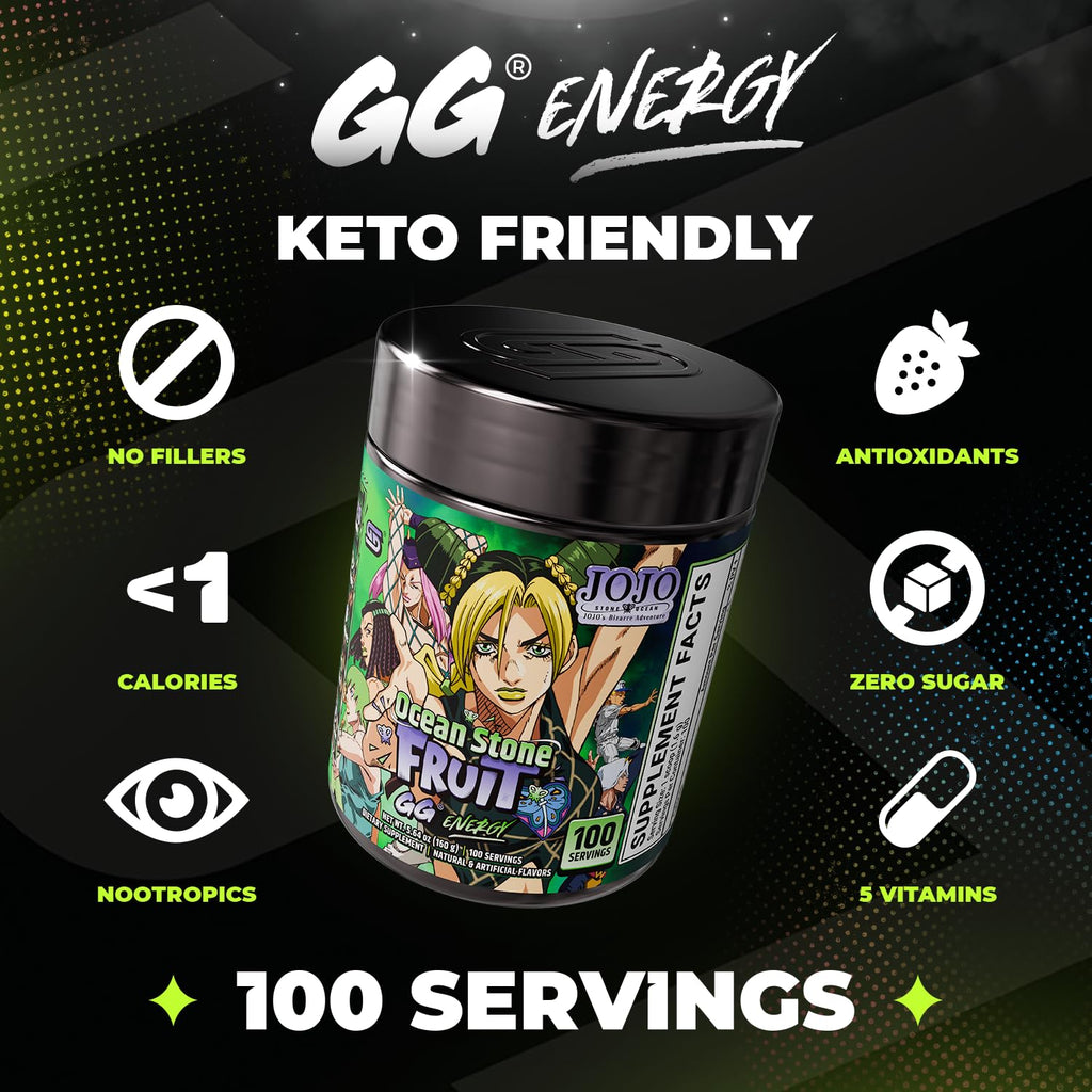 Gamer Supps GG Energy - JoJo's Ocean Stone Fruit (100 Servings) - Keto Friendly Gaming Energy and Nootropic Blend, Sugar Free + Caffeine + Vitamins + Immune Support, Powder Drink
