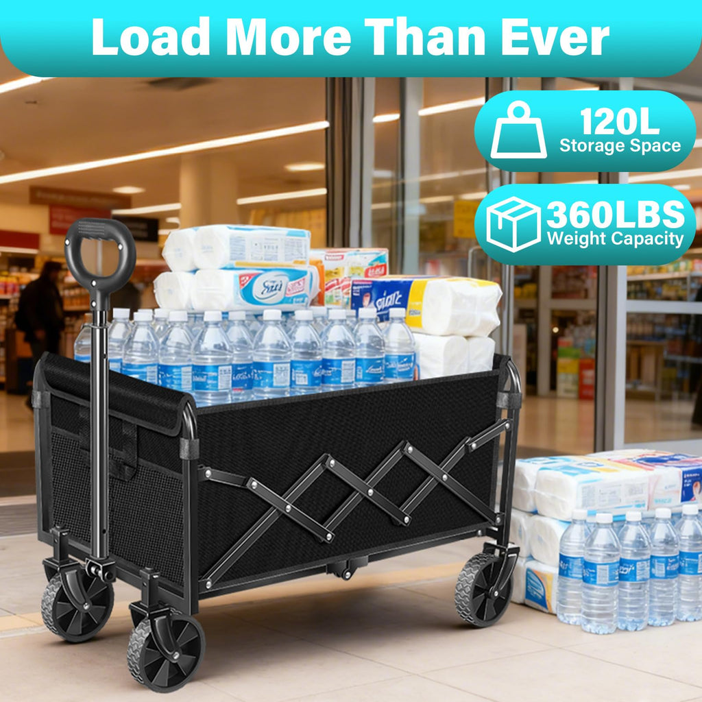 Collapsible Wagon Cart with Wheels, Compact 360 lb Folding Cart, Jet Black