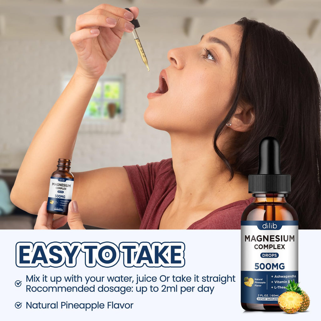 Magnesium Glycinate Liquid Drops 500mg - Triple Magnesium Complex Supplement with Citrate, Malate, Ashwagandha, L-Theanine, Vitamin B6 for Sleep, Stress Relief, Muscle, Pineapple Flavor 4 Fl Oz