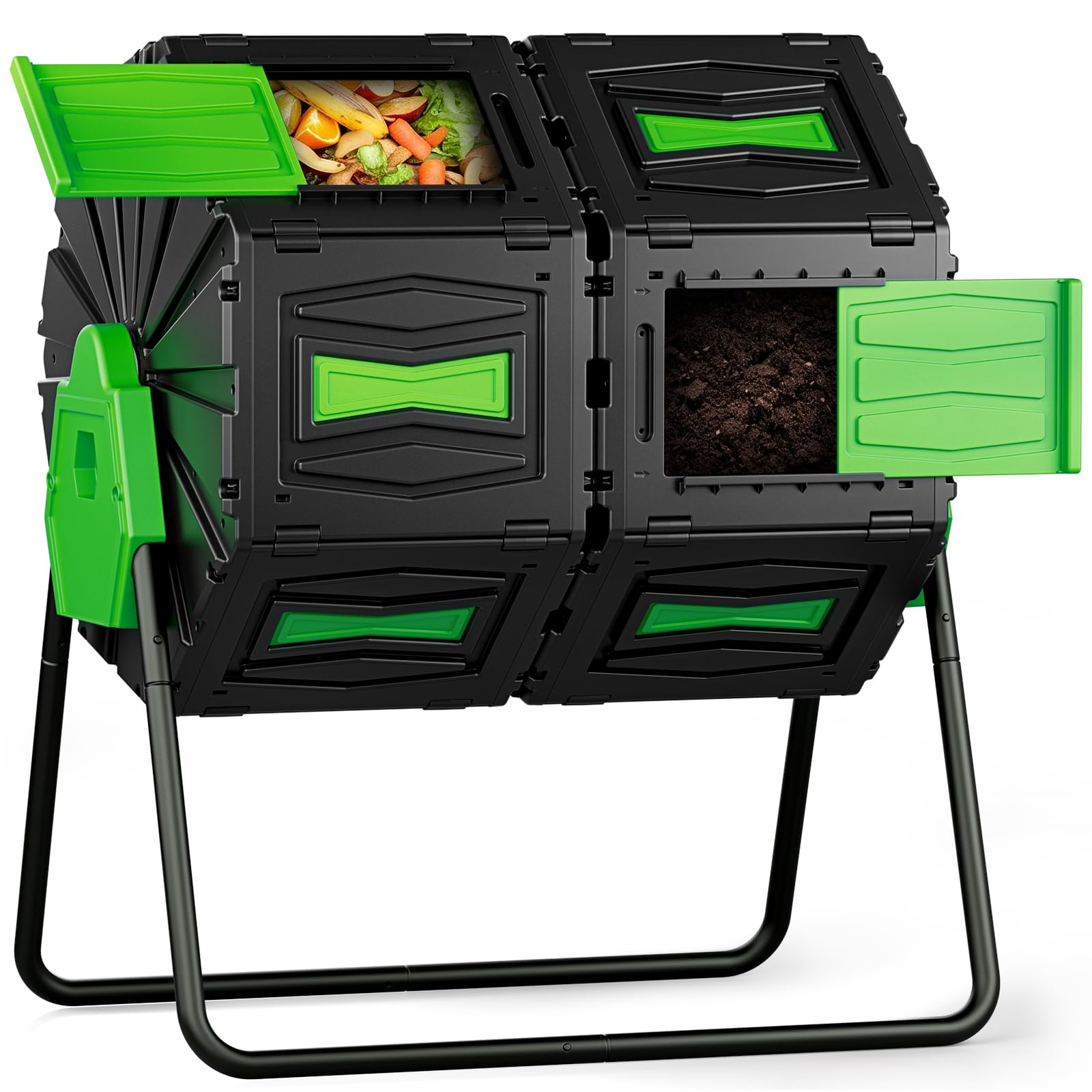 Compost Tumbler, Easy Assemble & Efficient Outdoor Compost Bin, 45 Gallon/170 Liter Large Dual Chamber Rotating Composter for Garden, Kitchen, and Yard Waste, Green Door