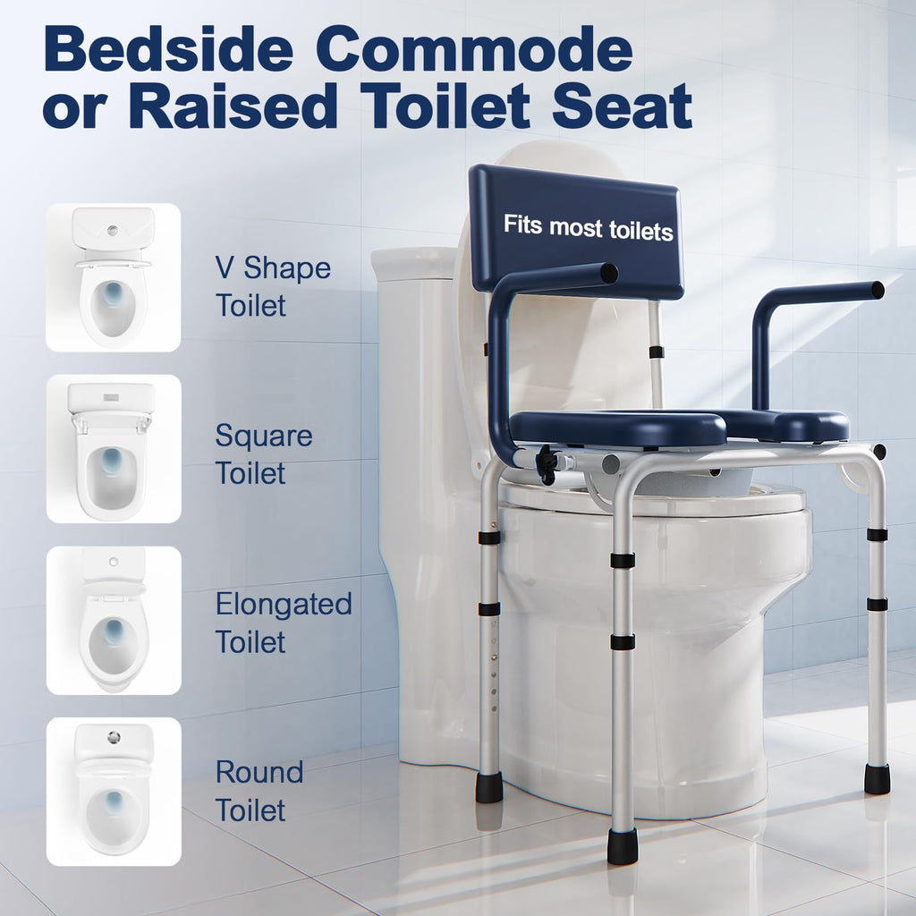HolyHeal Drop Arm Bedside Commode, Commode Toilet with Padded Seat and Backrest, 300lbs Capacity, 6.3QT Removable Bucket and Splash Guard, Adjustable Height Portable Toilet for Adults, Blue