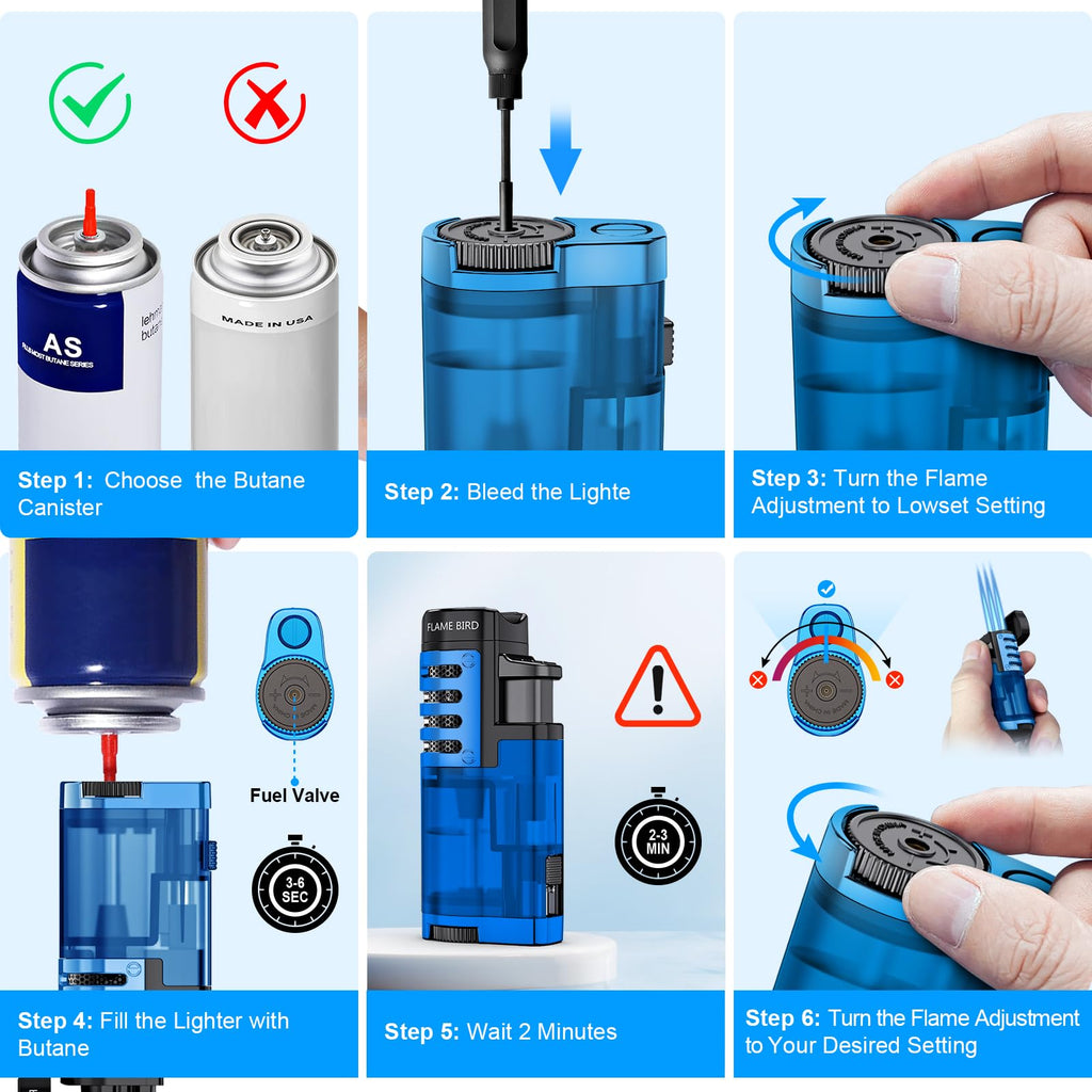 Torch Lighter Butane Refillable Triple Jet Flame Torch Lighters, Windproof Adjustable Flame Butane Torch Lighter with Punch 2 Pack (Without Fuel) (Blue)