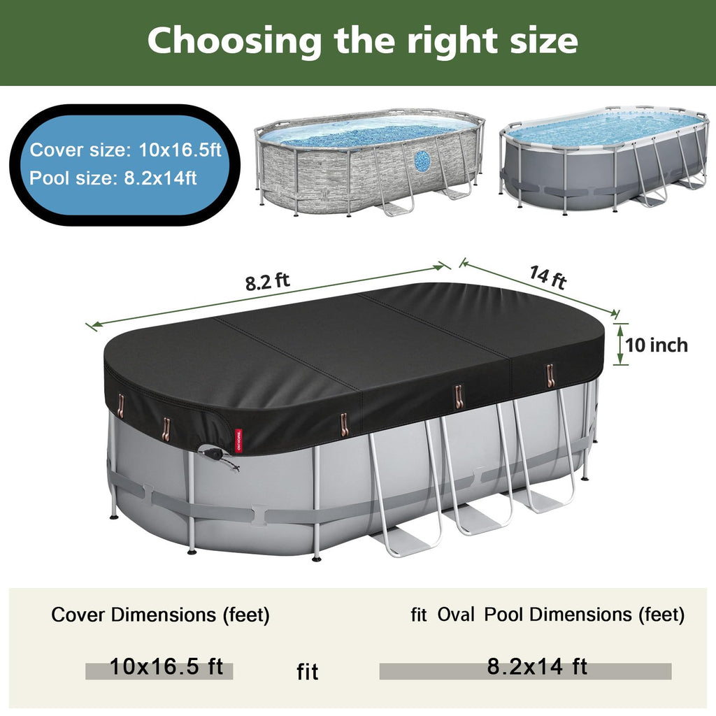 QH.HOME 8.2X14 ft Oval Pool Cover,Solar Cover for Above Ground Pools - Black Oxford Fabric Heats Water, Blocks Leaves & Sun, Windproof Snug Fit with Patented Ratchet & Weight Rings