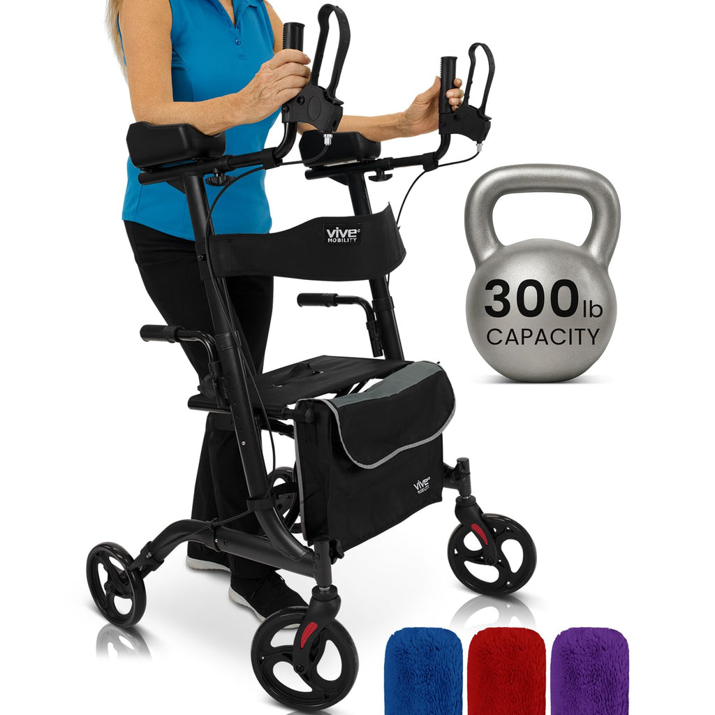 Vive Mobility Upright Walker with Seat - Stand Up Rollator, Arm Rests, Heavy Duty, Folding Medical Aid Scooter for Elderly, Seniors - Walking Assist, Foldable Transport Chair - 300 lb Capacity
