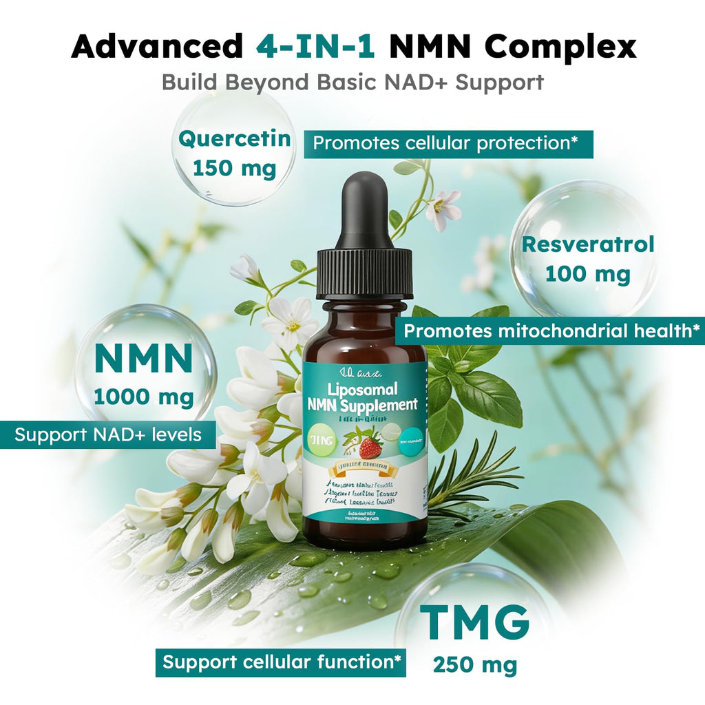 Scibalia NMN Supplement Liquid Drops,4-in-1 NMN Beta 1000mg w. Quercetin TMG Resveratrol for Anti Aging Energy & Immune Support, NMNH Alternative Liposomal High Absorption for Women Men