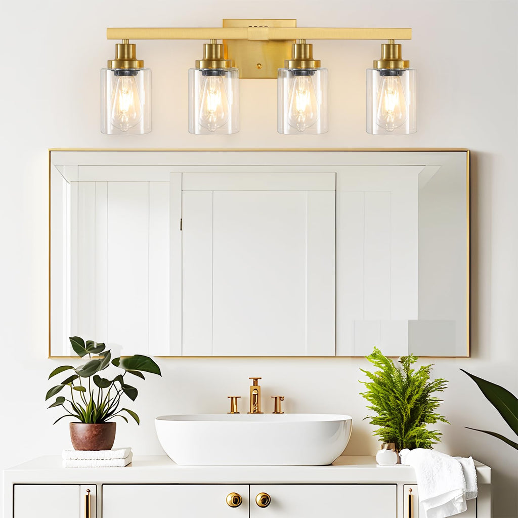 DIKAIDA Bathroom Vanity Light, 4-Light Modern Matte Gold Wall Sconce Lighting with Clear Glass Shade, Black Wall Lights,Bath Vintage Wall Mounted Lamps for Mirror Bedroom Living Room