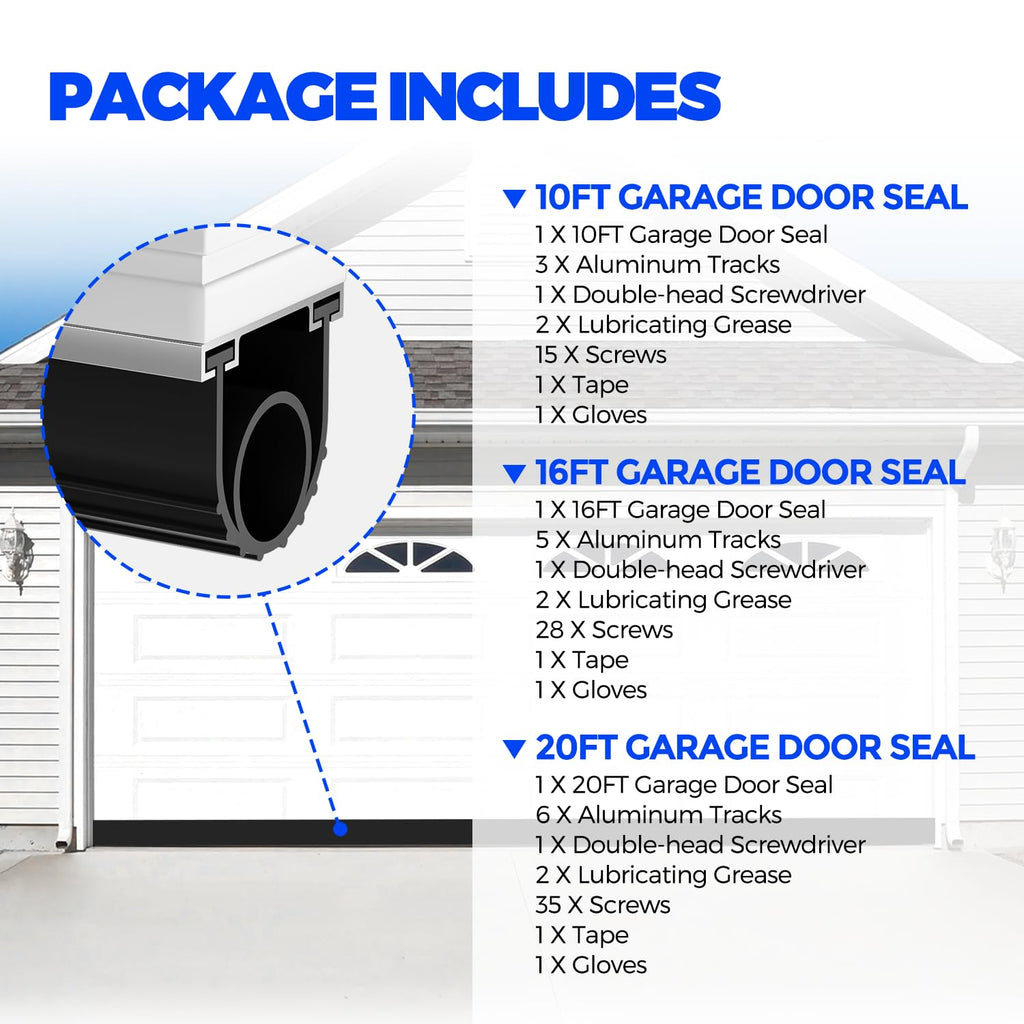 Holikme Garage Door Seal - Door Seals Bottom Rubber, Pre-drilled Aluminum Track Retainer Kit, Garage Door Seal, Easy to Install, Durable U+O Ring, Black16FT