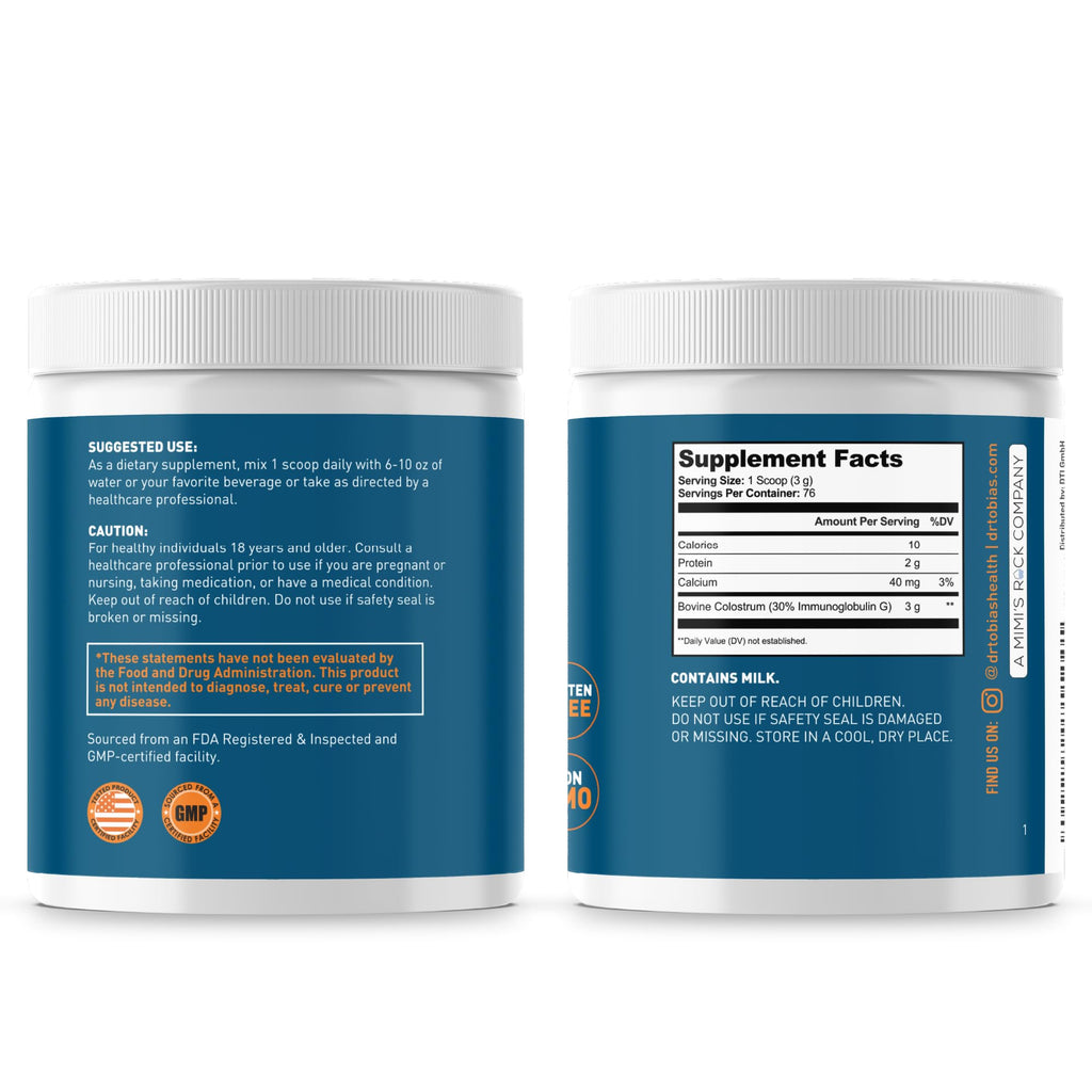 Dr. Tobias Colostrum Powder - Premium Bovine Colostrum Supplement for Immune Support, Gut Health & Muscle Recovery | 3g Per Serving Minimum 30% IgG Unflavored (8 oz 76 Servings)