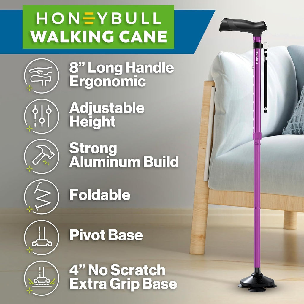 HONEYBULL Walking Cane for Women & Men Foldable, Adjustable, Heavy Duty, Free Standing, All Terrain, Collapsible Walking Sticks for Seniors & Adults (Purple)