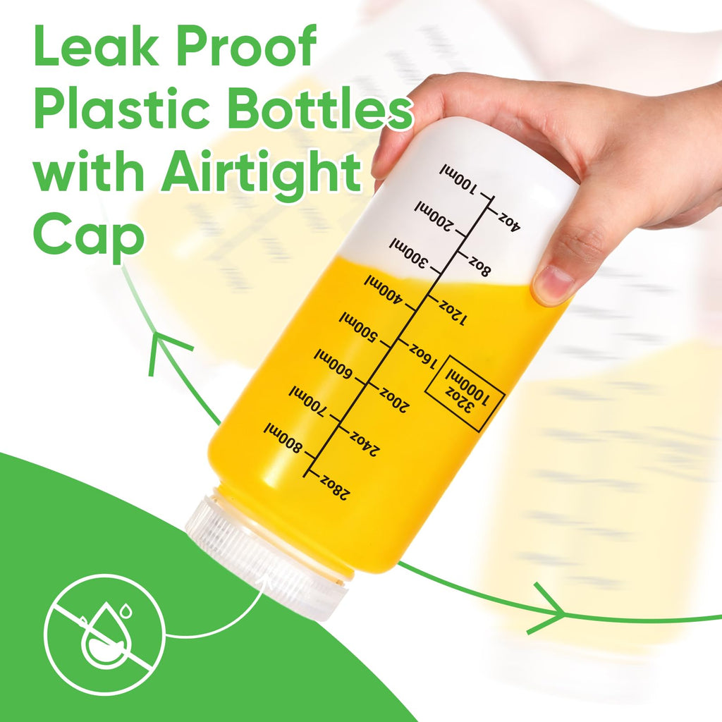 DEMORA Plastic Bottles with Airtight Caps 32oz/1000ml, Food Grade Wide Mouth Liquid Containers, Reusable HDPE Graduated Plastic Bottles for Water Sample Lab Reagent Liquids Mixing (Translucent, 2 Pcs)