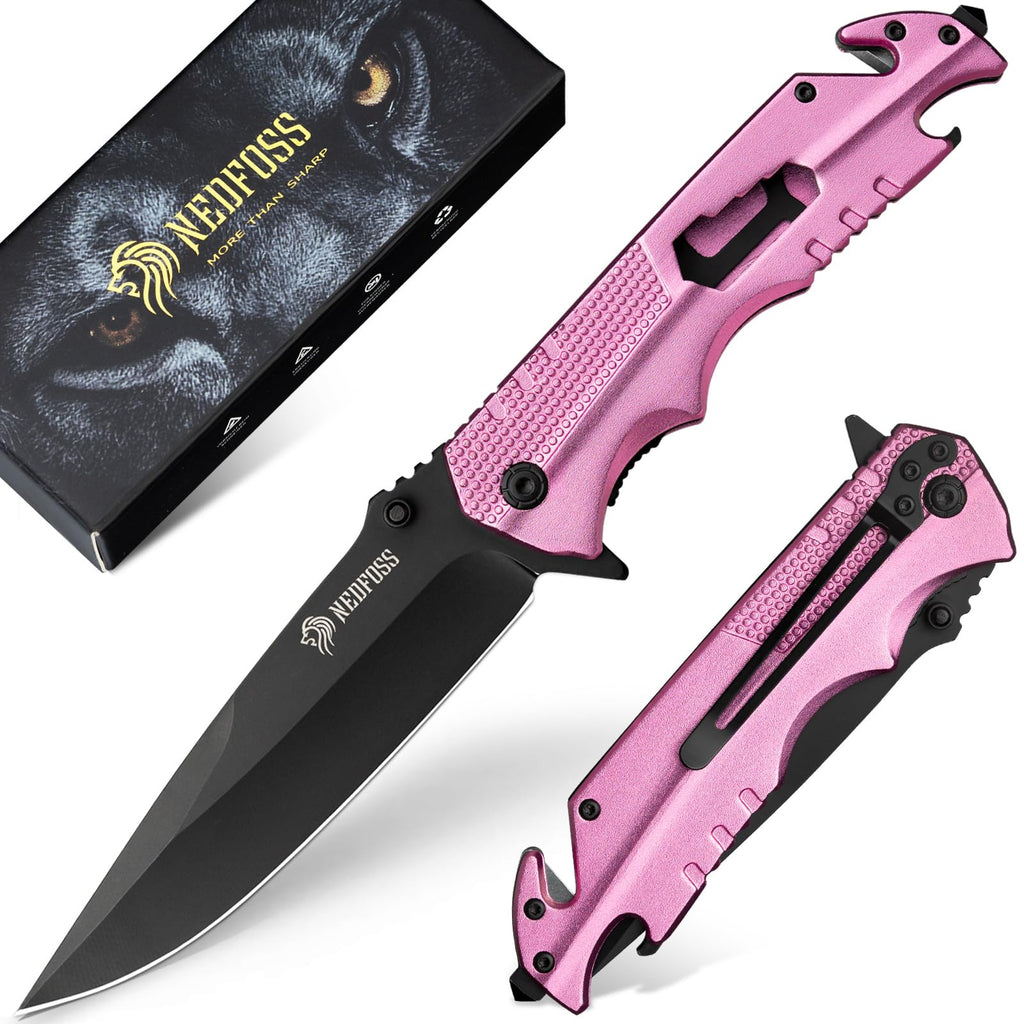 NedFoss FA48 Pink Pocket Knife for Women, 5-in-1 Tactical Knife with Clip, Glass Breaker, Seatbelt Cutter, Bottle Opener, Wrench, Aluminum Handle Survival Knife for Car Safety Essentials, Camping, Hunting