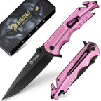 NedFoss FA48 Pink Pocket Knife for Women, 5-in-1 Tactical Knife with Clip, Glass Breaker, Seatbelt Cutter, Bottle Opener, Wrench, Aluminum Handle Survival Knife for Car Safety Essentials, Camping, Hunting