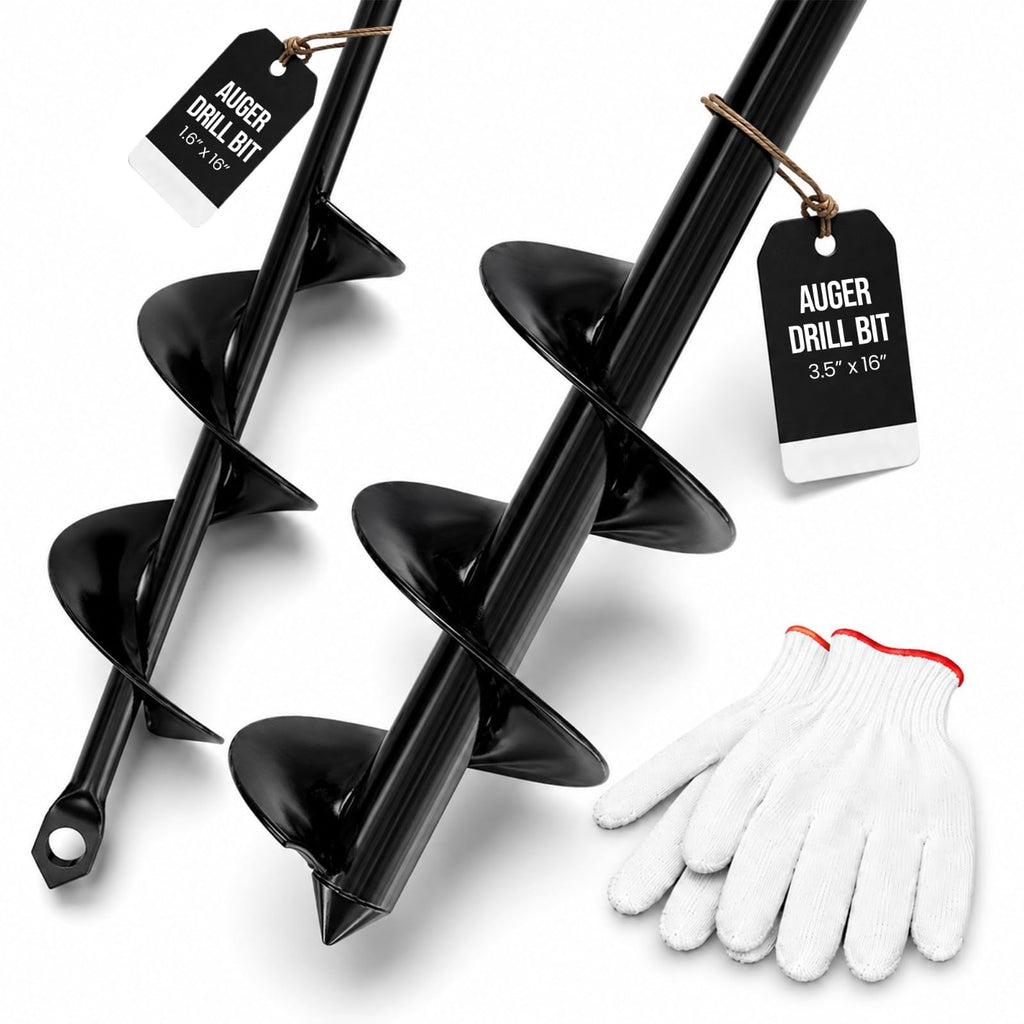 2pk Auger Drill Bit for Planting with Gloves (1.6 x 16 Inch & 3.5 x 16 Inch Set) - Heavy Duty Garden Spiral and Bulb Planter Tool for Digging Holes - Compatible with 3/8 Inch Hex Drive