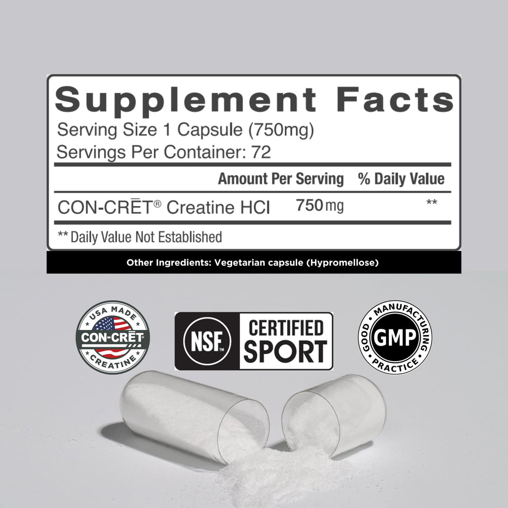 CON-CRET Creatine HCl Capsules | Muscle, Cognitive, Cellular Energy Support | No Bloating or Cramps | USA Made & NSF Certified | Creatine Pills (72ct)