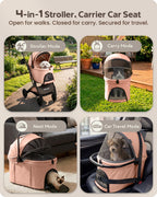 PAWLALA Pet Stroller with Detachable Carrier for Small & Medium Dogs & Cats, Smooth Comfort Ride with Shock-Absorbing Suspension, Foldable Dog Stroller, Compact Storage (Peach Pink)