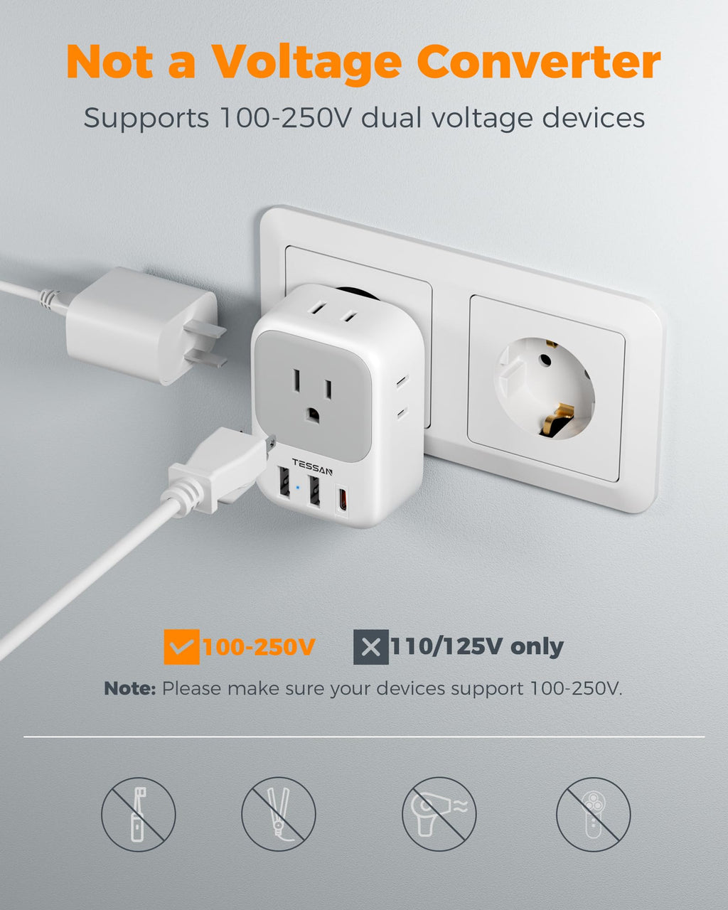 TESSAN European Travel Plug Adapter 2 Pack, Type C Plug