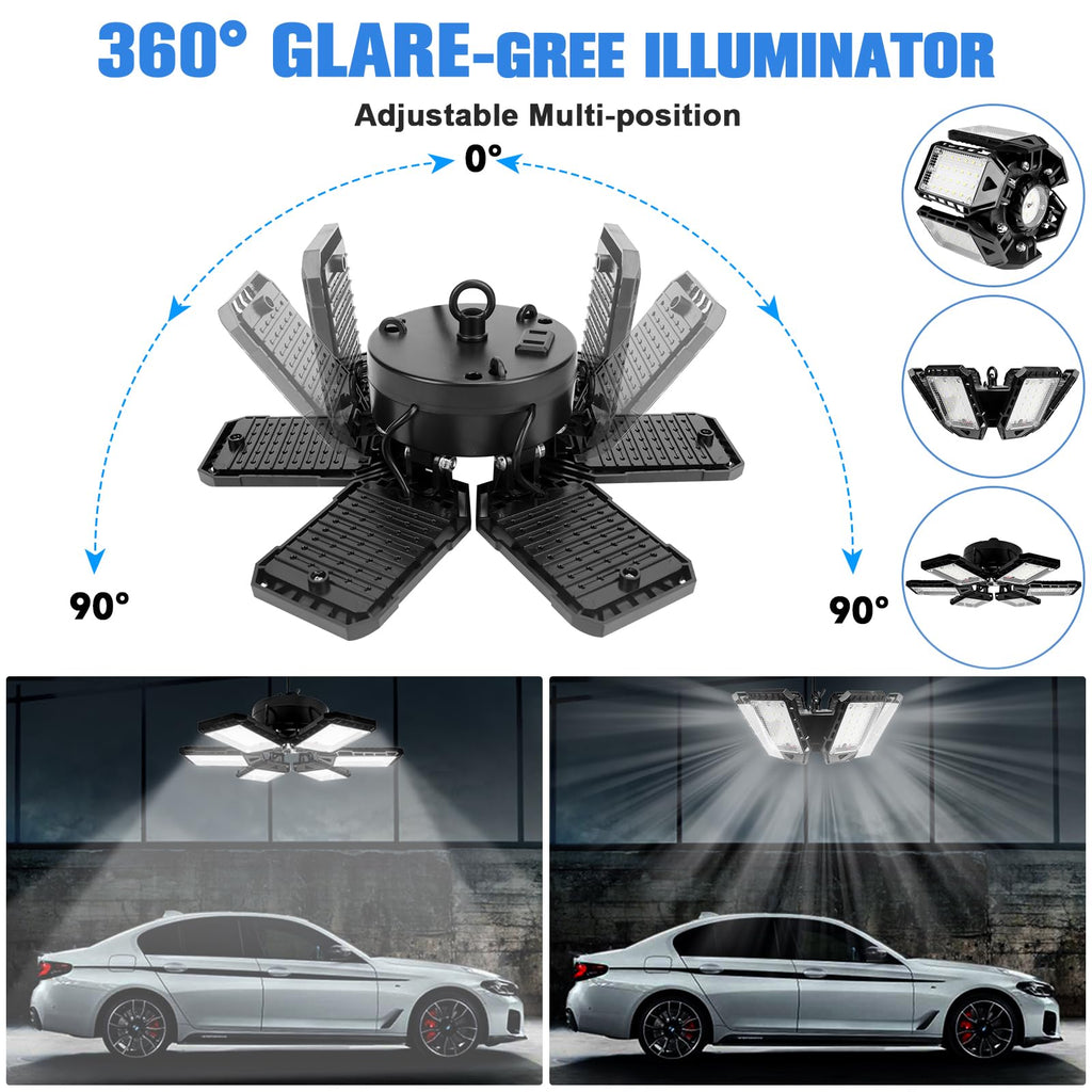 Aoretic LED Garage Lights 2 Pack -180W, 18000LM 6500K Led Shop Light with 6+1 Deformable Panels, Basement Barn Light Garages Ceiling Lights, E26/E27 for Garage, Warehouse, Shop, Basement