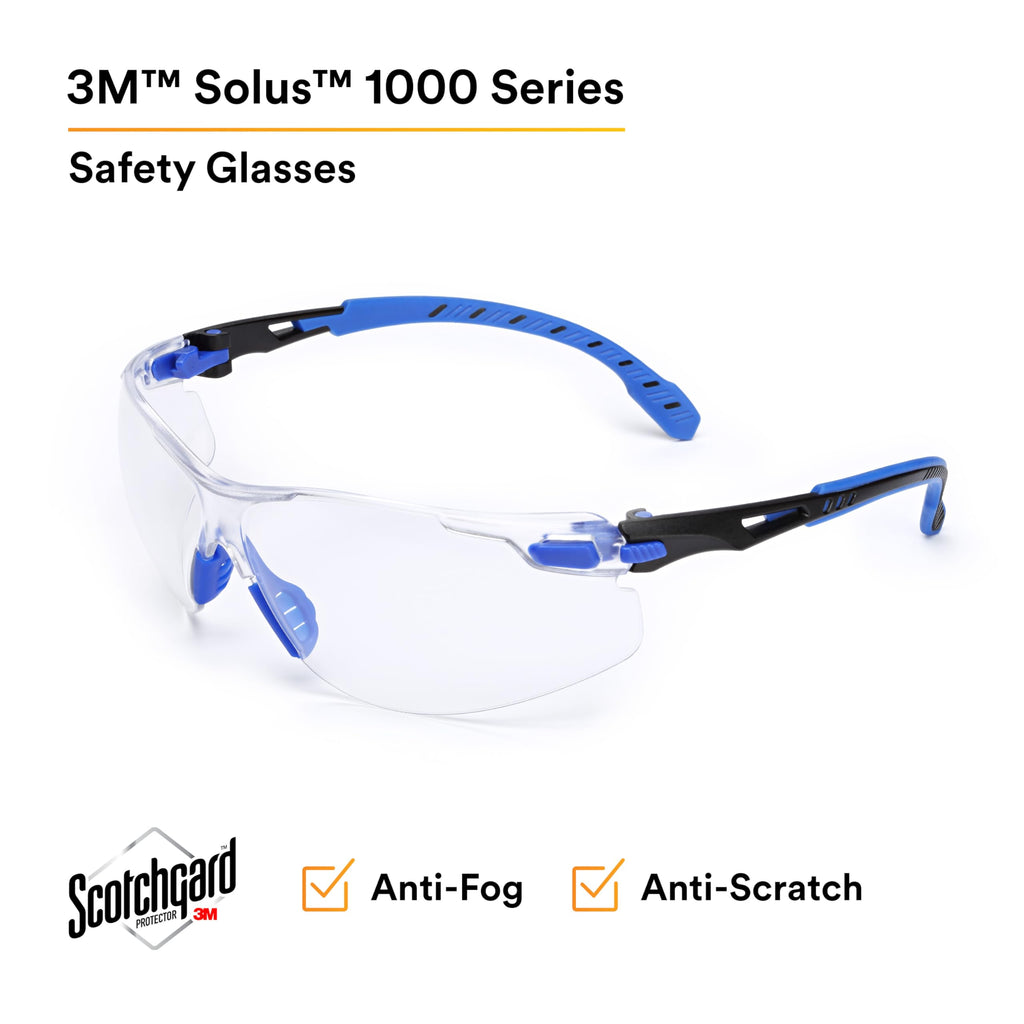 3M Safety Glasses for Men and Women, Solus 1000 Series, ANSI Z87, Scotchgard Anti-Fog, Clear Lens, Low Profile, Blue/Black Frame