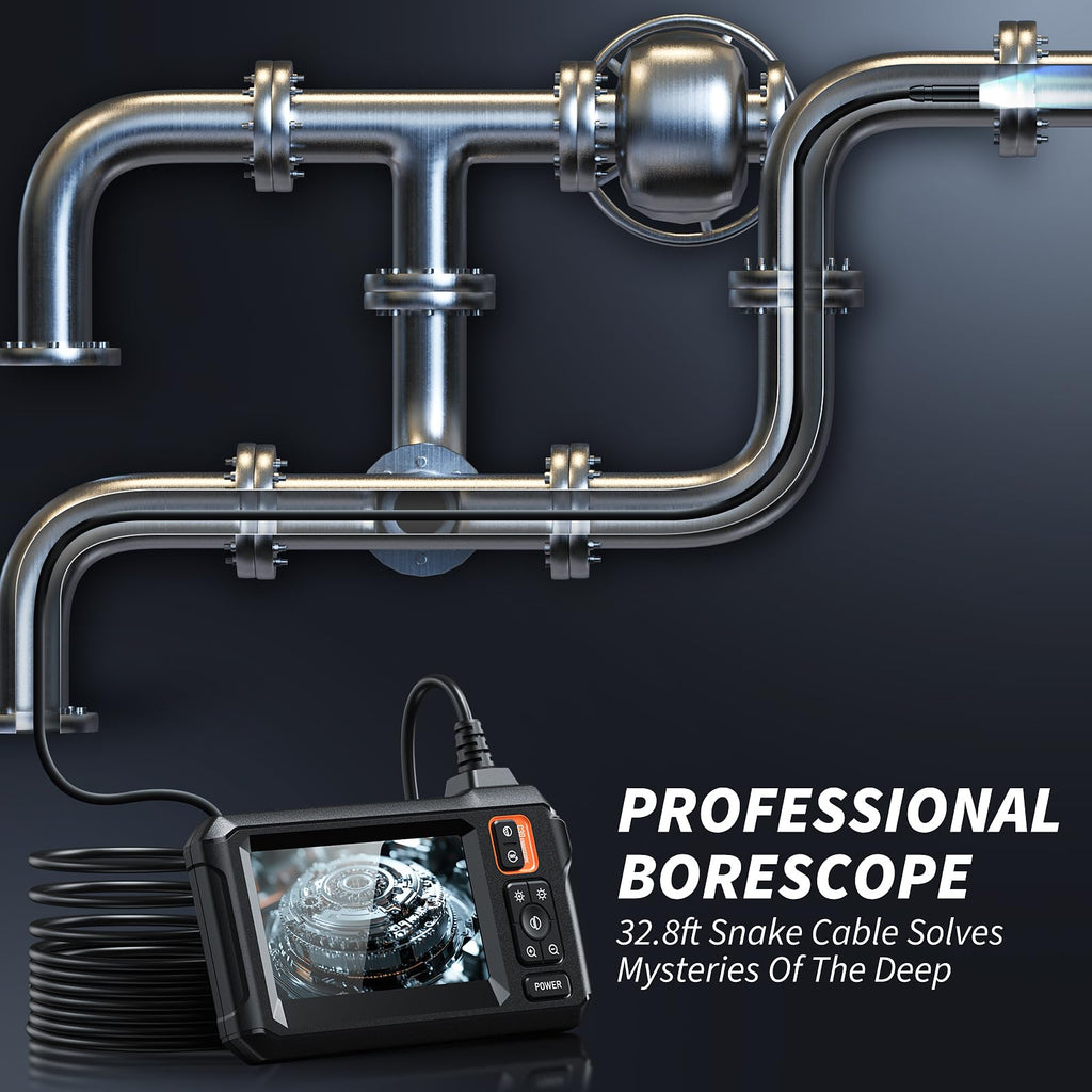 Endoscope Camera with Light, Inspection Borescope Camera with 4.3" IPS Screen, 1920P HD with 8 LED Lights, 32.8FT Semi-Rigid Cord Bore Scope, IP67 Waterproof Endoscope for Sewer, Tools(Orange)