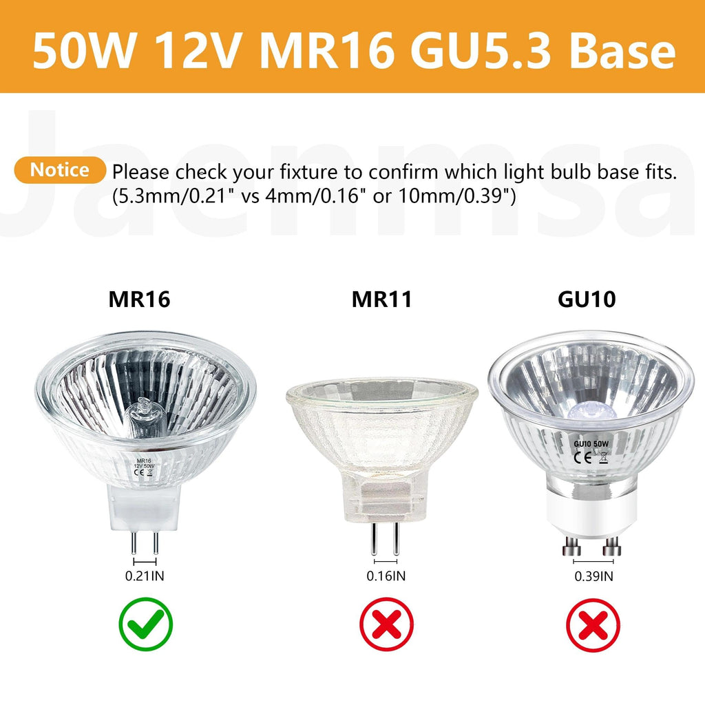 Jaenmsa MR16 Halogen Bulbs 50w 12V GU5.3, MR16 Halogen Light Bulbs 2 Pin, 12 Pack Dimmable Indoor Flood 50w Mr16 Small Light Bulb for Landscape/Track Light Bulbs 2700K Warm White