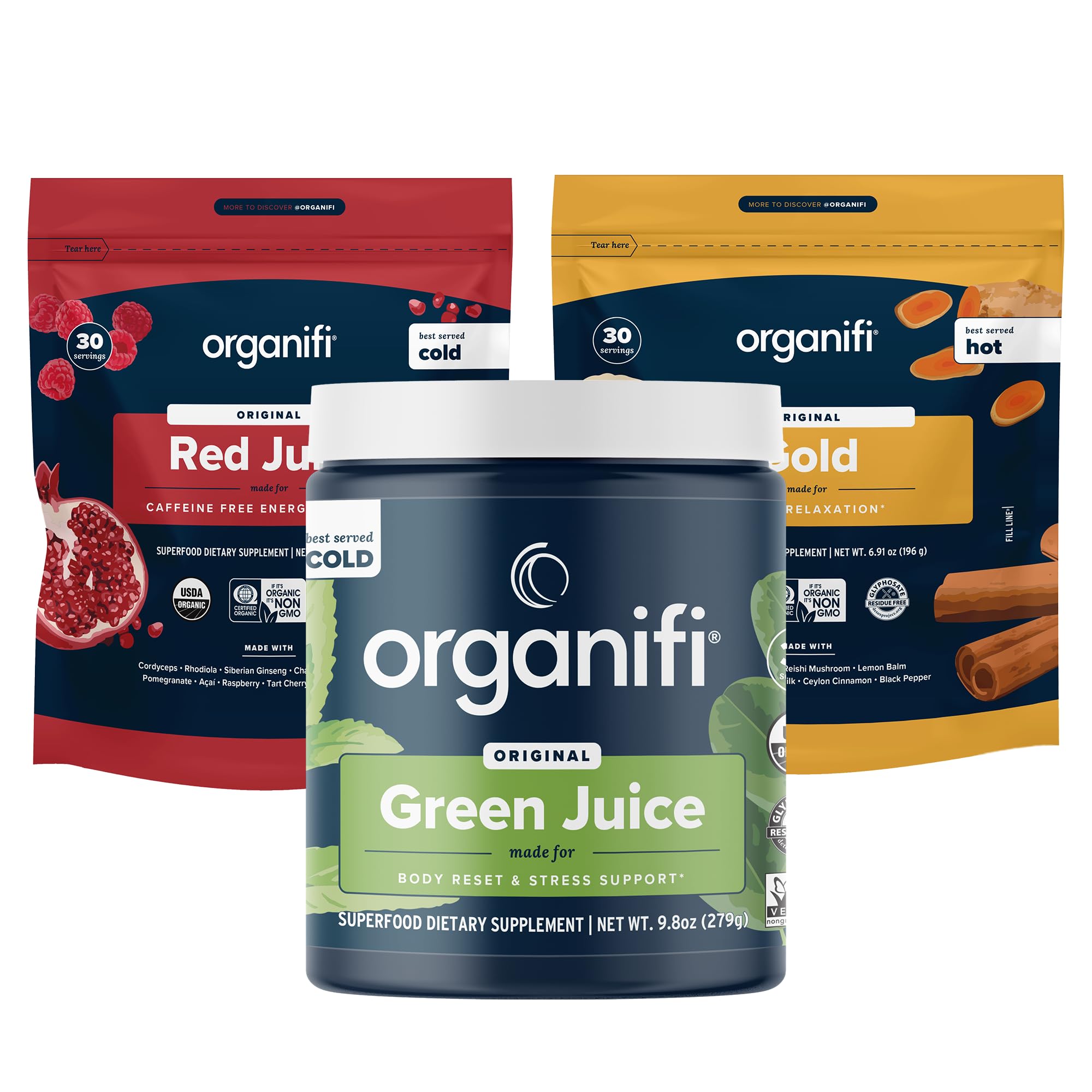 Organifi Sunrise to Sunset Power Box (9.5 Oz. Each) - Organic Superfood Powder - Green Juice, Red Juice, Golden Milk- 30-Day Supply - Vegan